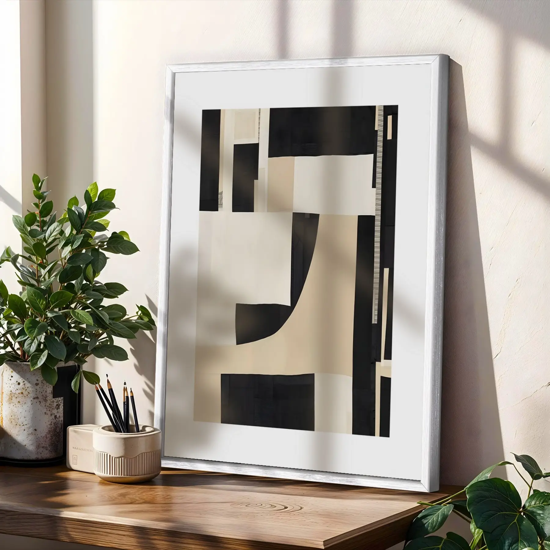 Grafik Soyut Çizgi Sanat Beyaz Çerçeveli 3lü Ahşap Tablo Seti