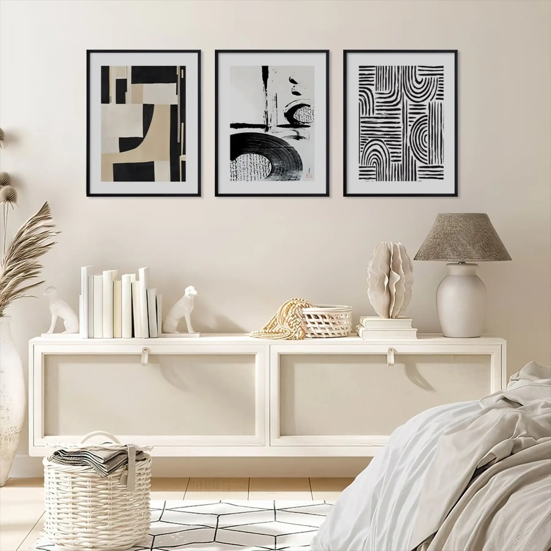 Grafik Soyut Çizgi Sanat Siyah Çerçeveli 3lü Ahşap Tablo Seti