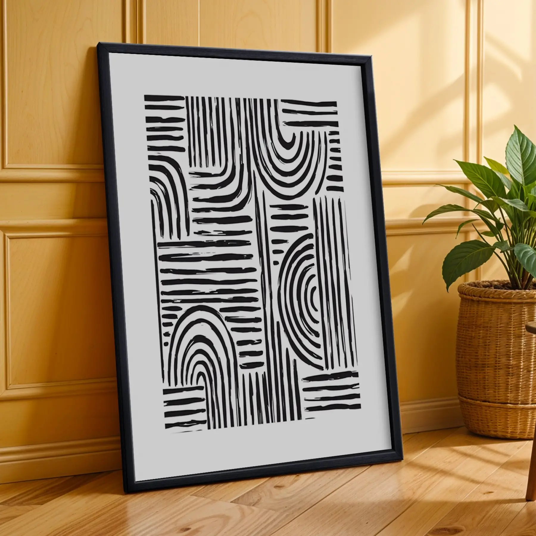 Grafik Soyut Çizgi Sanat Siyah Çerçeveli 3lü Ahşap Tablo Seti