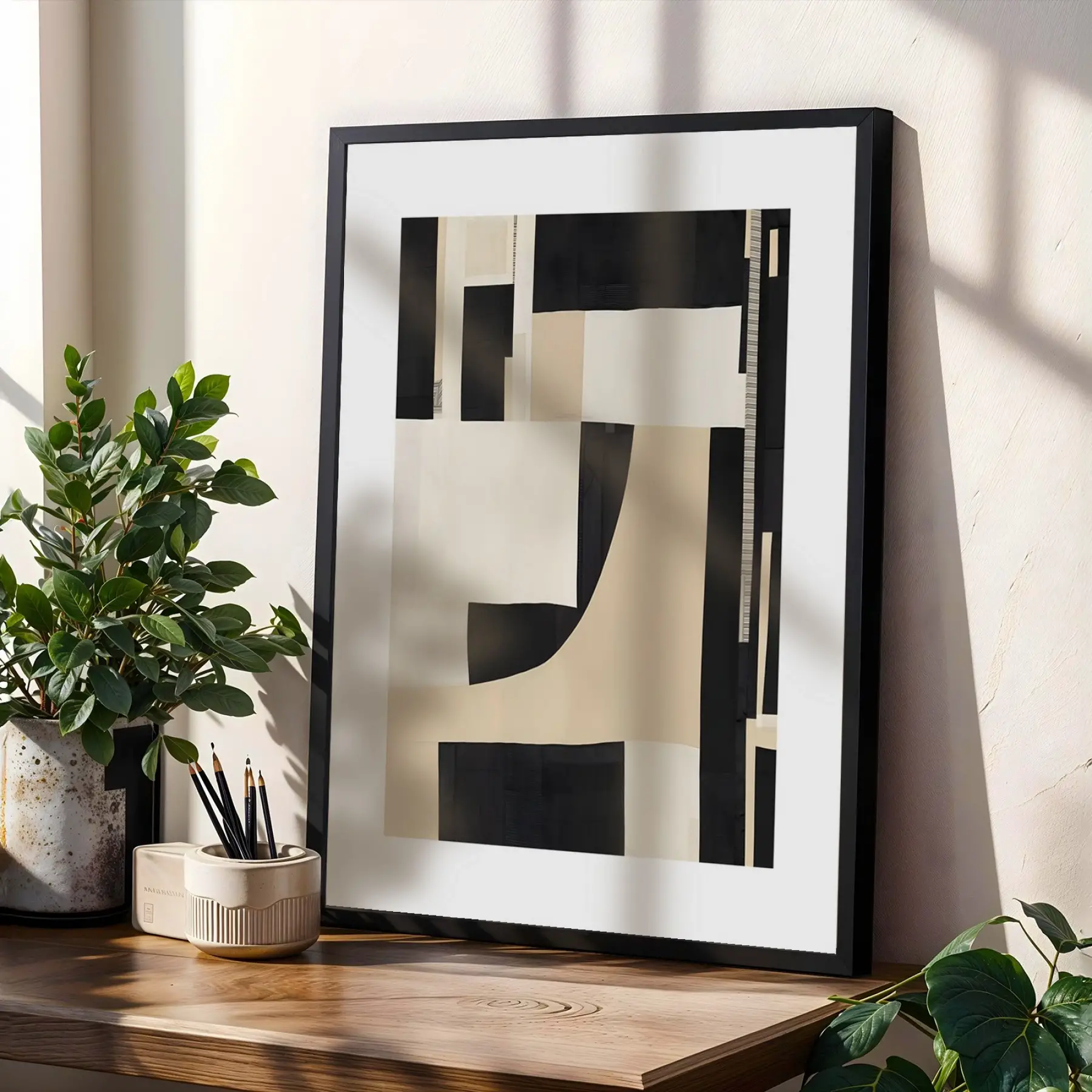 Grafik Soyut Çizgi Sanat Siyah Çerçeveli 3lü Ahşap Tablo Seti