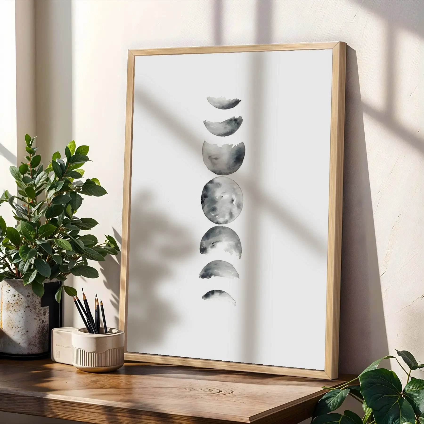 Ay, Soyut ve Etnik Spiral Set Doğal Ahşap Çerçeveli 3lü Tablo Seti