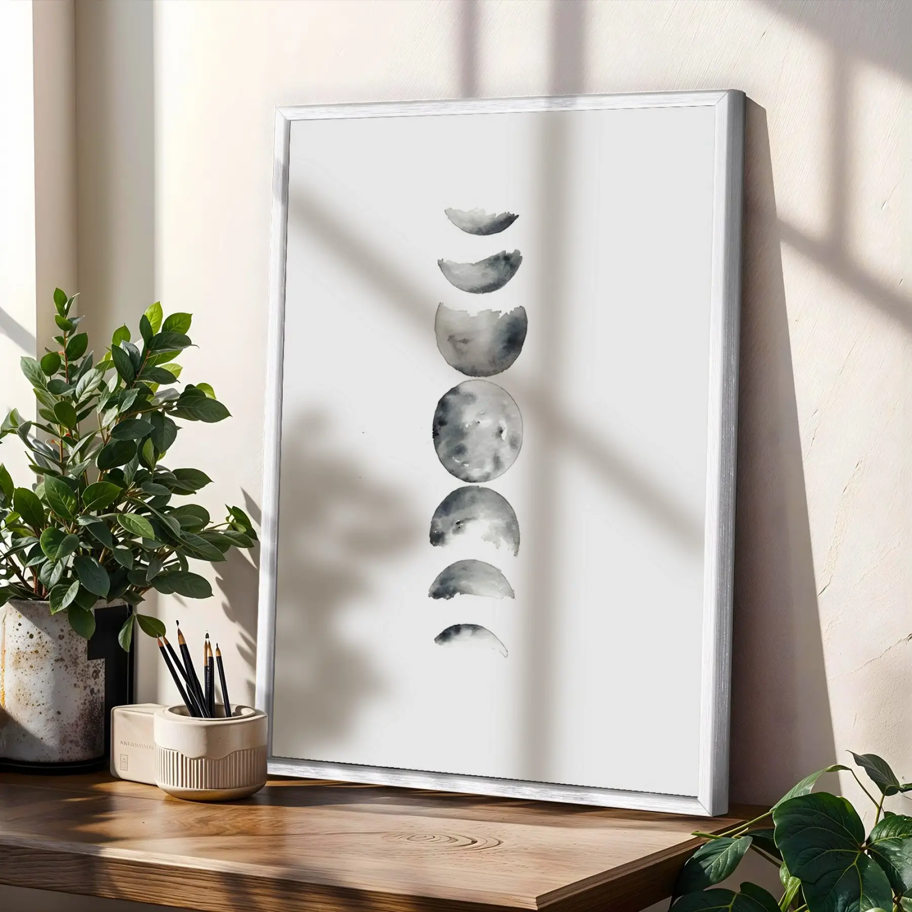Ay, Soyut ve Etnik Spiral Set Beyaz Çerçeveli 3lü Ahşap Tablo Seti