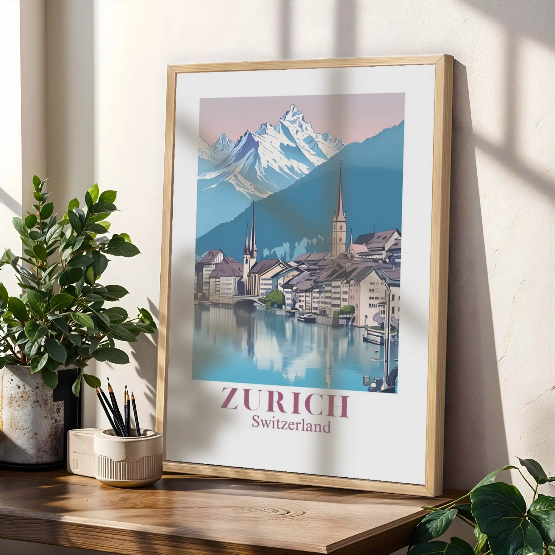 Retro Şehir Manzaraları Üçlüsü Doğal Ahşap Çerçeveli 3lü Tablo Seti
