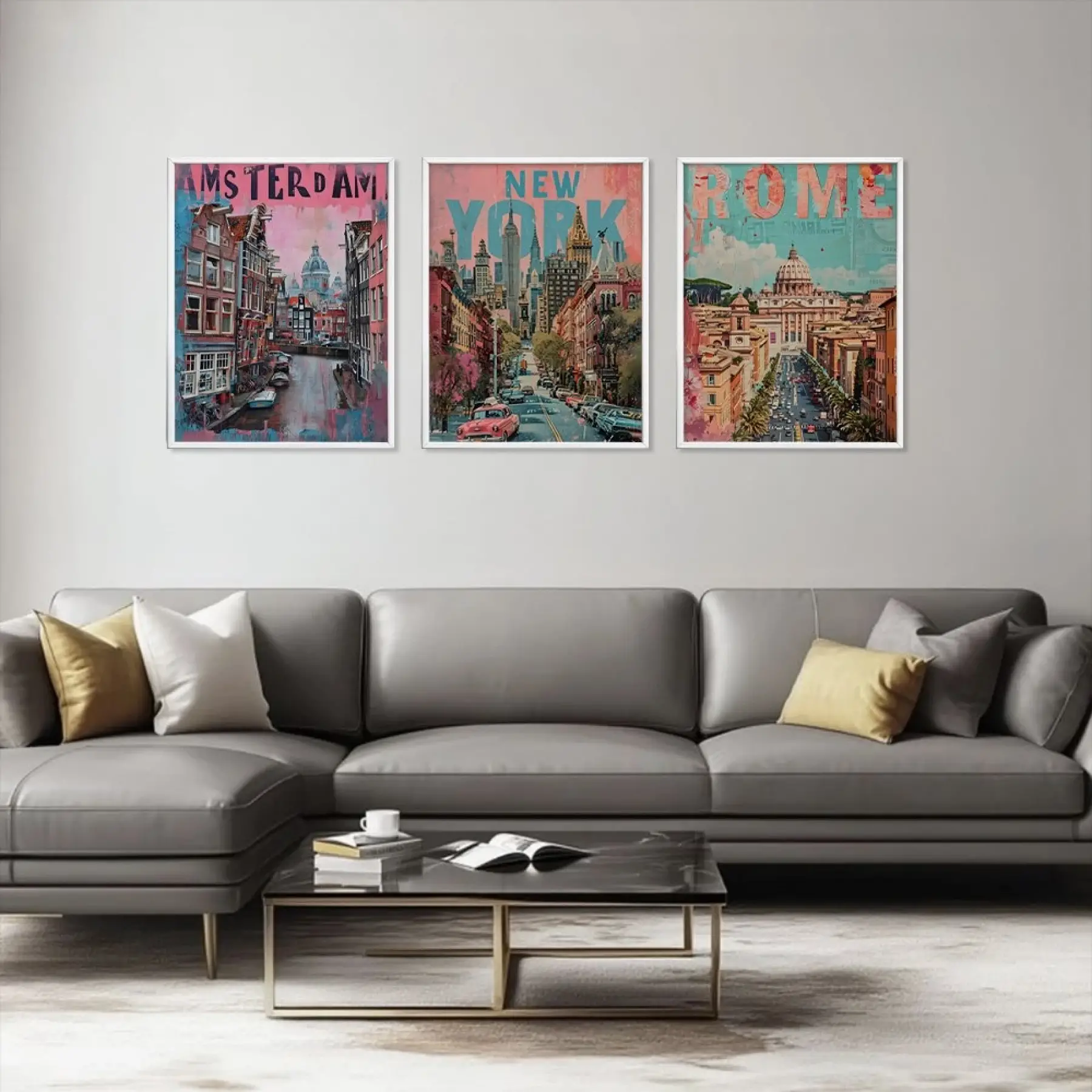 Pop Art Dünya Şehirleri Seti Beyaz Çerçeveli 3lü Ahşap Tablo Seti