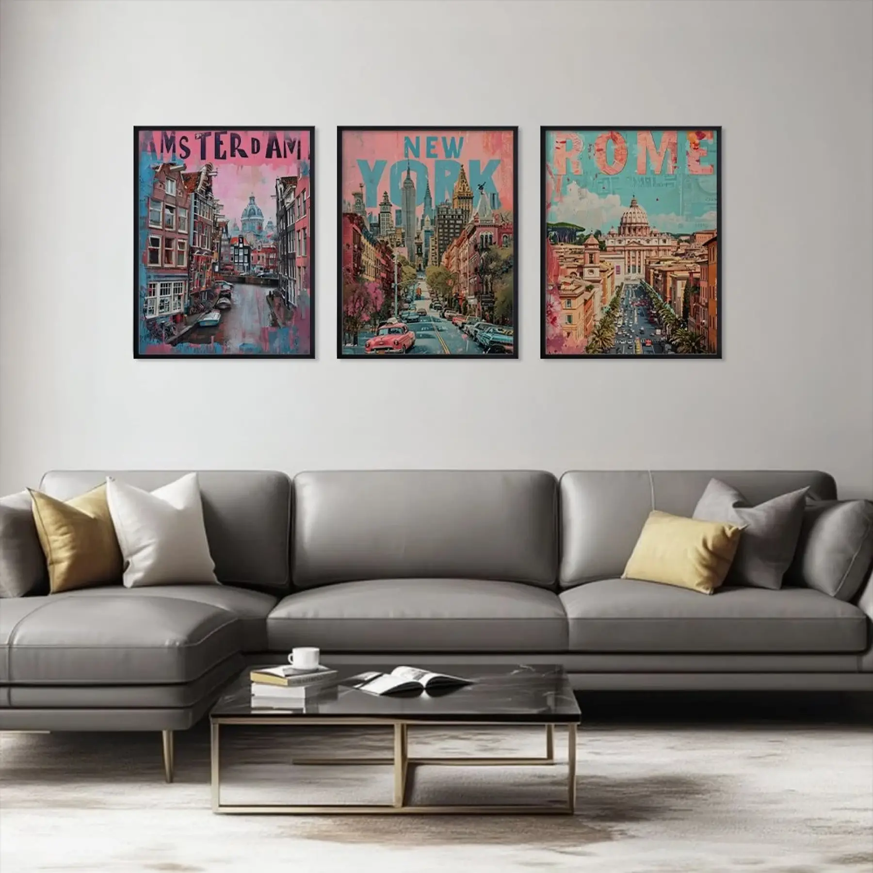 Pop Art Dünya Şehirleri Seti Siyah Çerçeveli 3lü Ahşap Tablo Seti