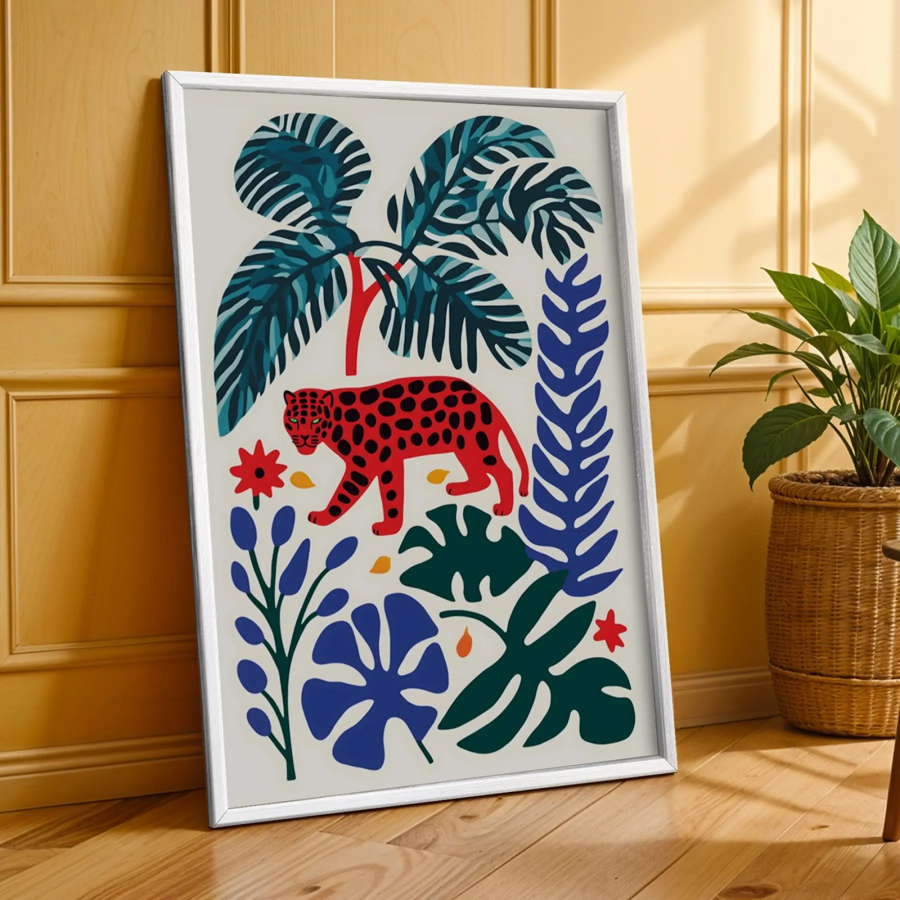 Canlı Boho Dalgalar Leopar Beyaz Çerçeveli 3lü Ahşap Tablo Seti