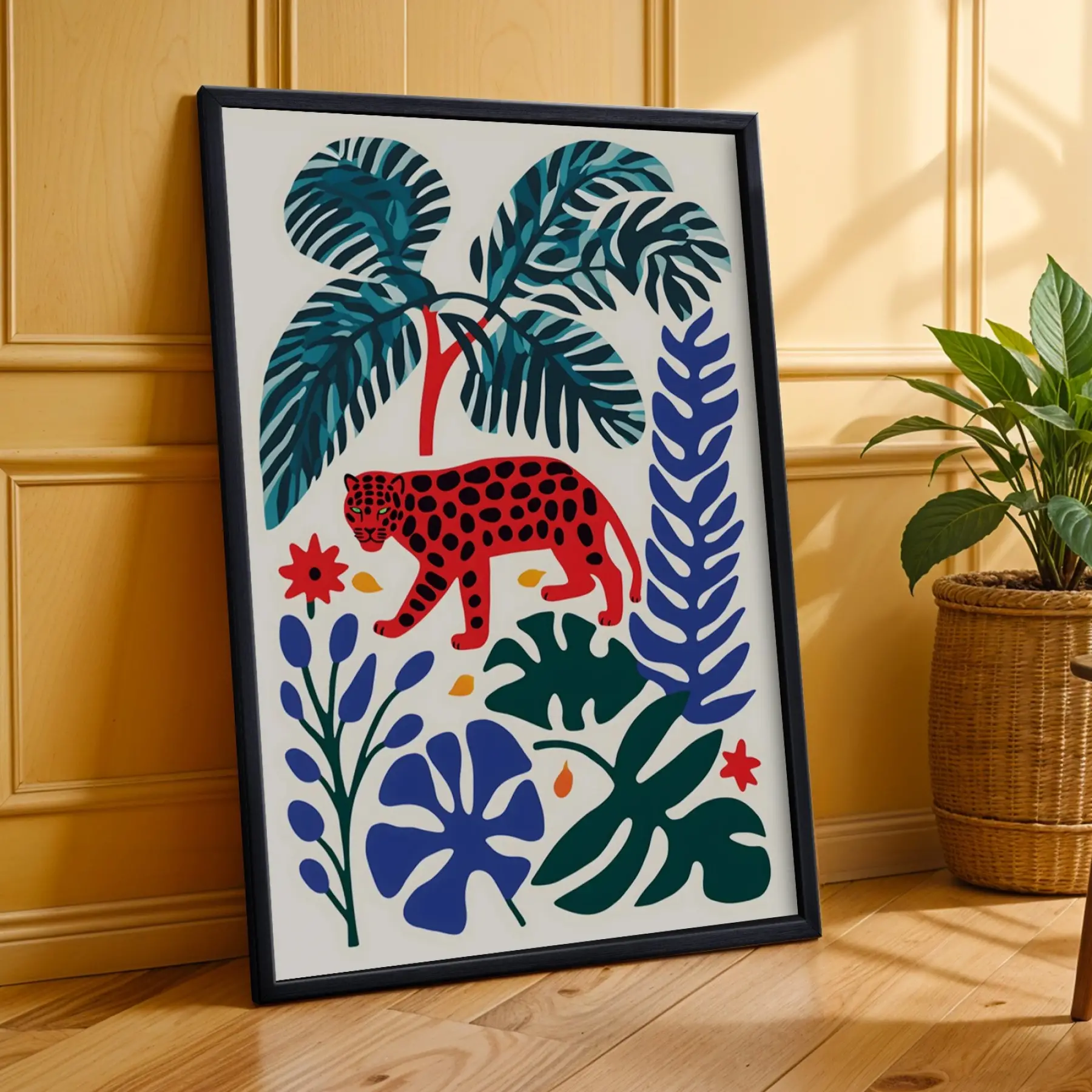 Canlı Boho Dalgalar Leopar Siyah Çerçeveli 3lü Ahşap Tablo Seti