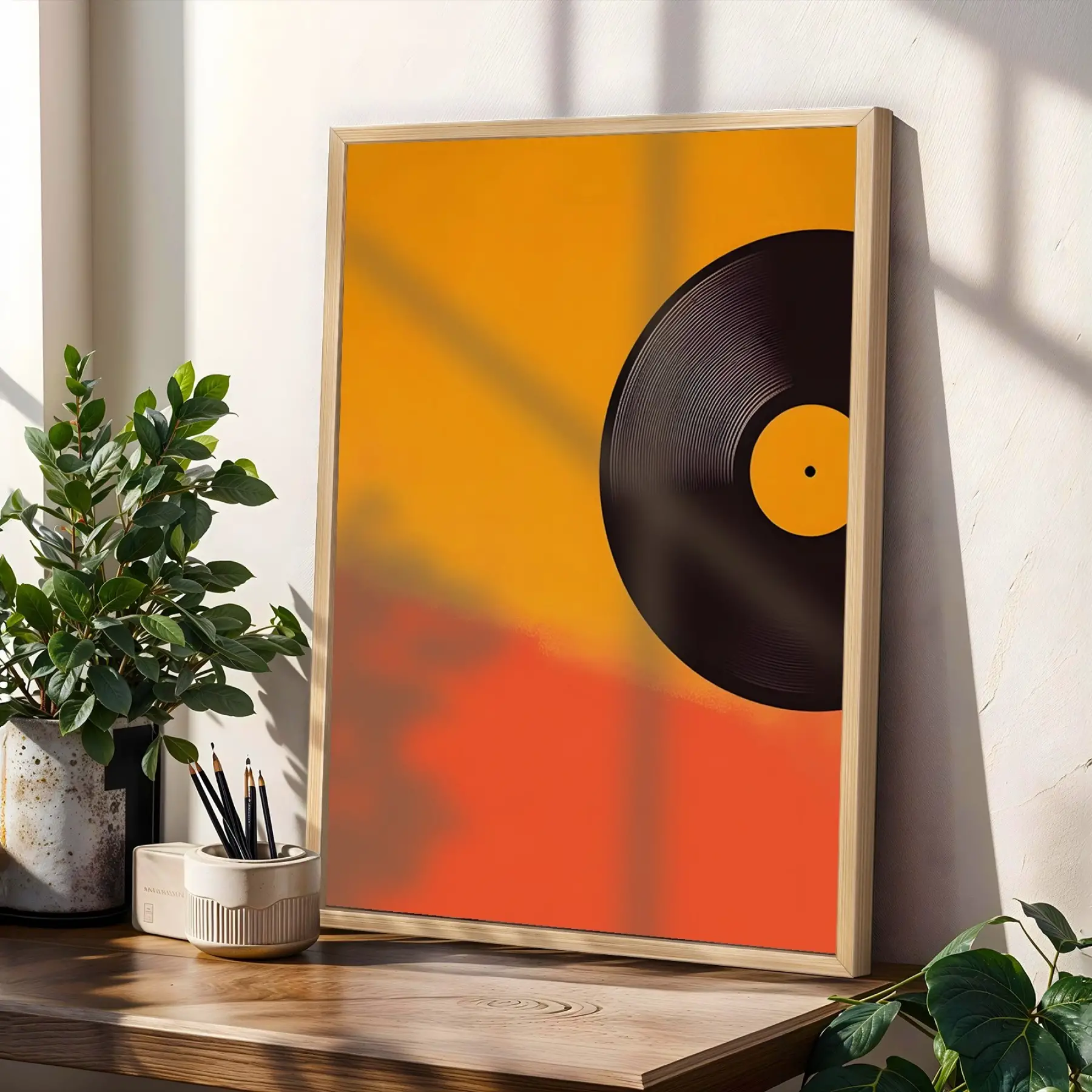 Retro Ritimler ve Soyut Gün Batımı Doğal Ahşap Çerçeveli 3lü Tablo Seti