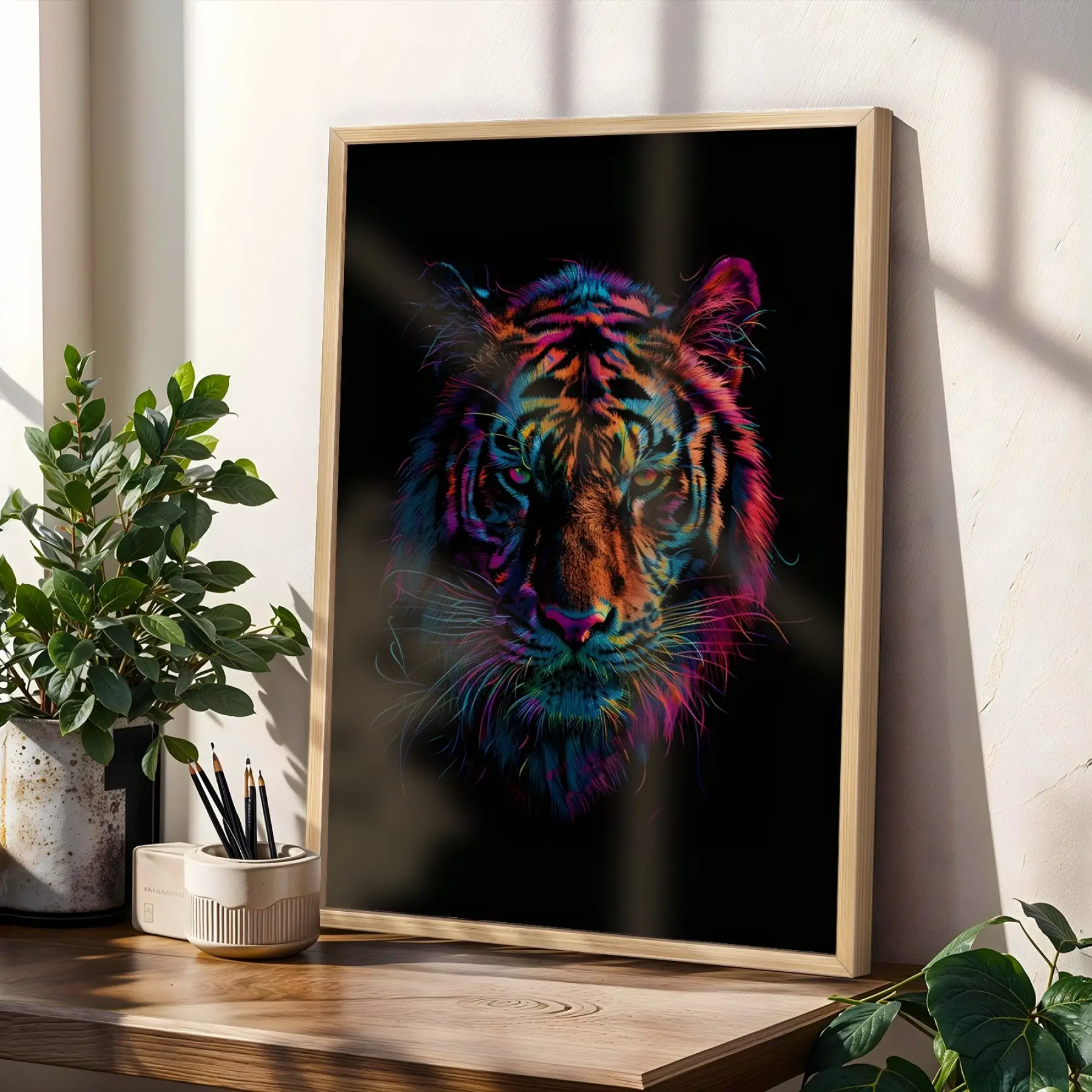 Neon Işıltılı Ruhsal Üçlü Doğal Ahşap Çerçeveli 3lü Tablo Seti