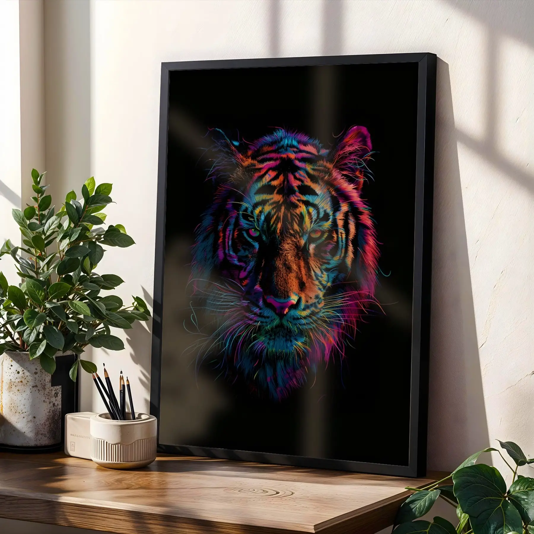 Neon Işıltılı Ruhsal Üçlü Siyah Çerçeveli 3lü Ahşap Tablo Seti