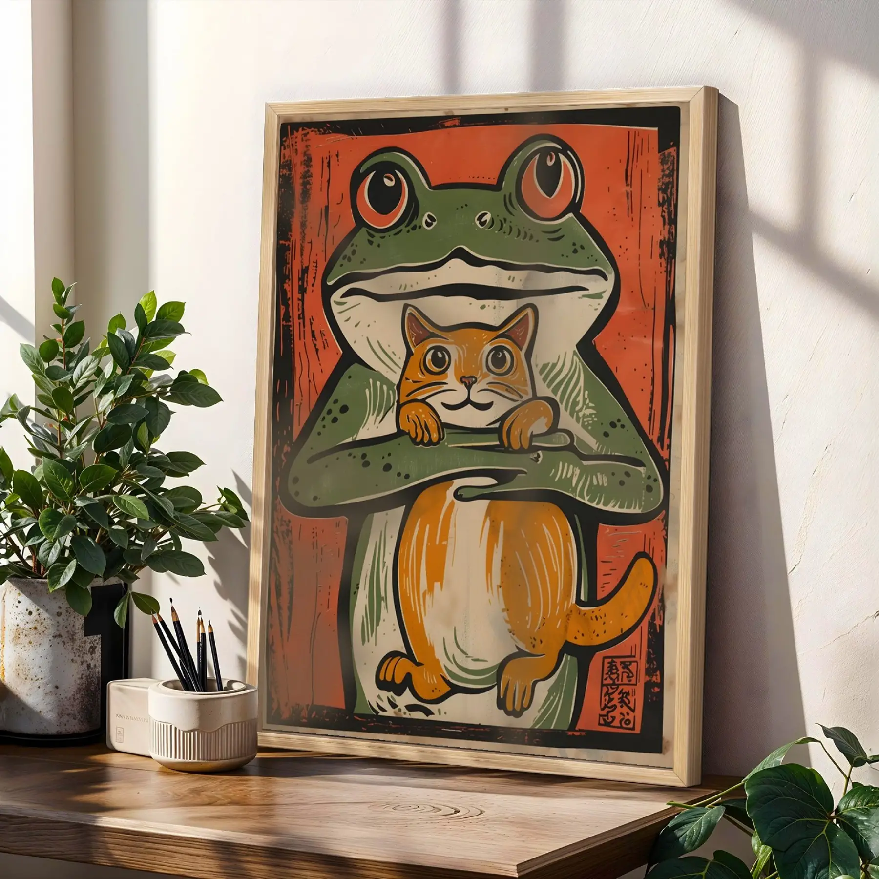 Eğlenceli Retro Sanat Koleksiyonu Doğal Ahşap Çerçeveli 3lü Tablo Seti