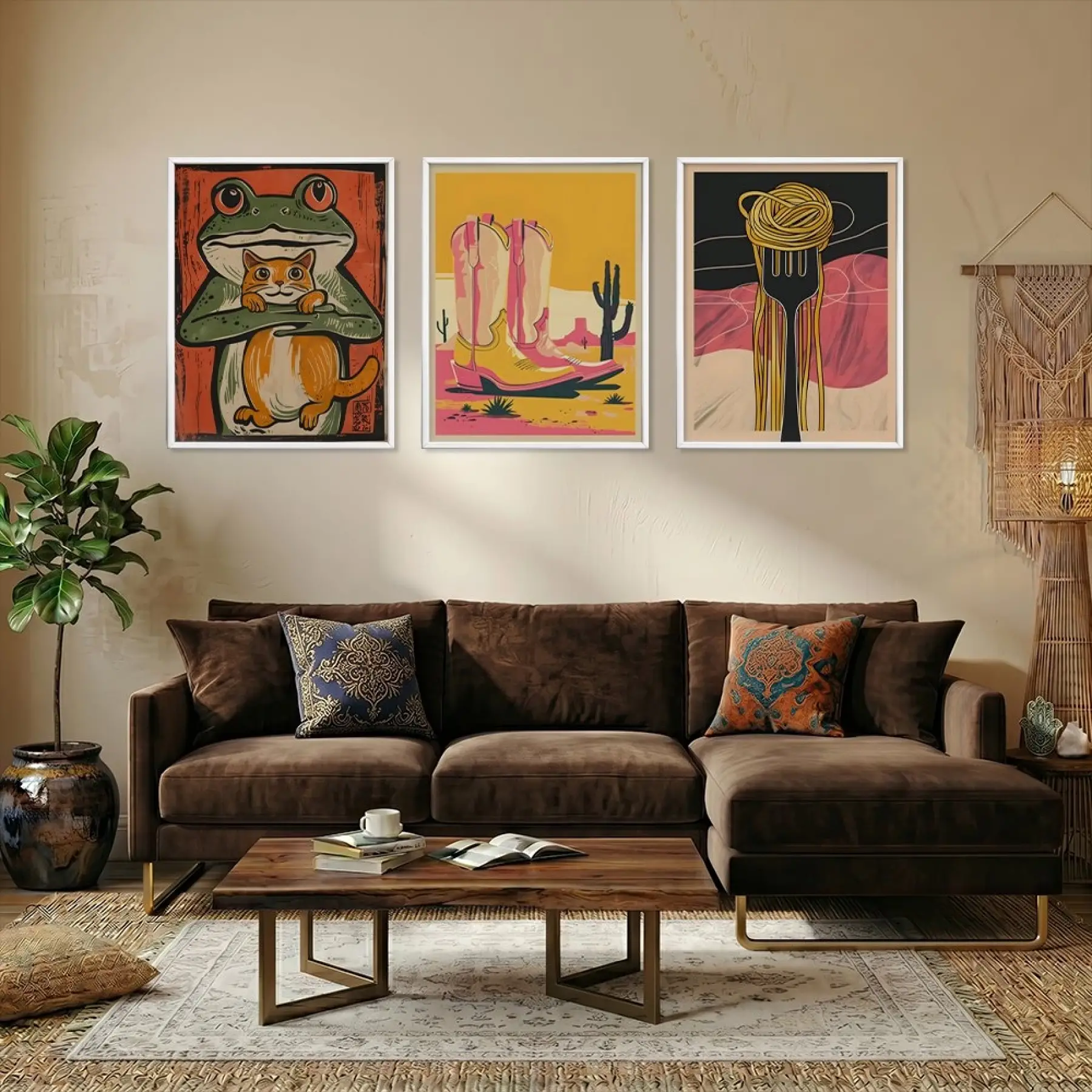 Eğlenceli Retro Sanat Koleksiyonu Beyaz Çerçeveli 3lü Ahşap Tablo Seti