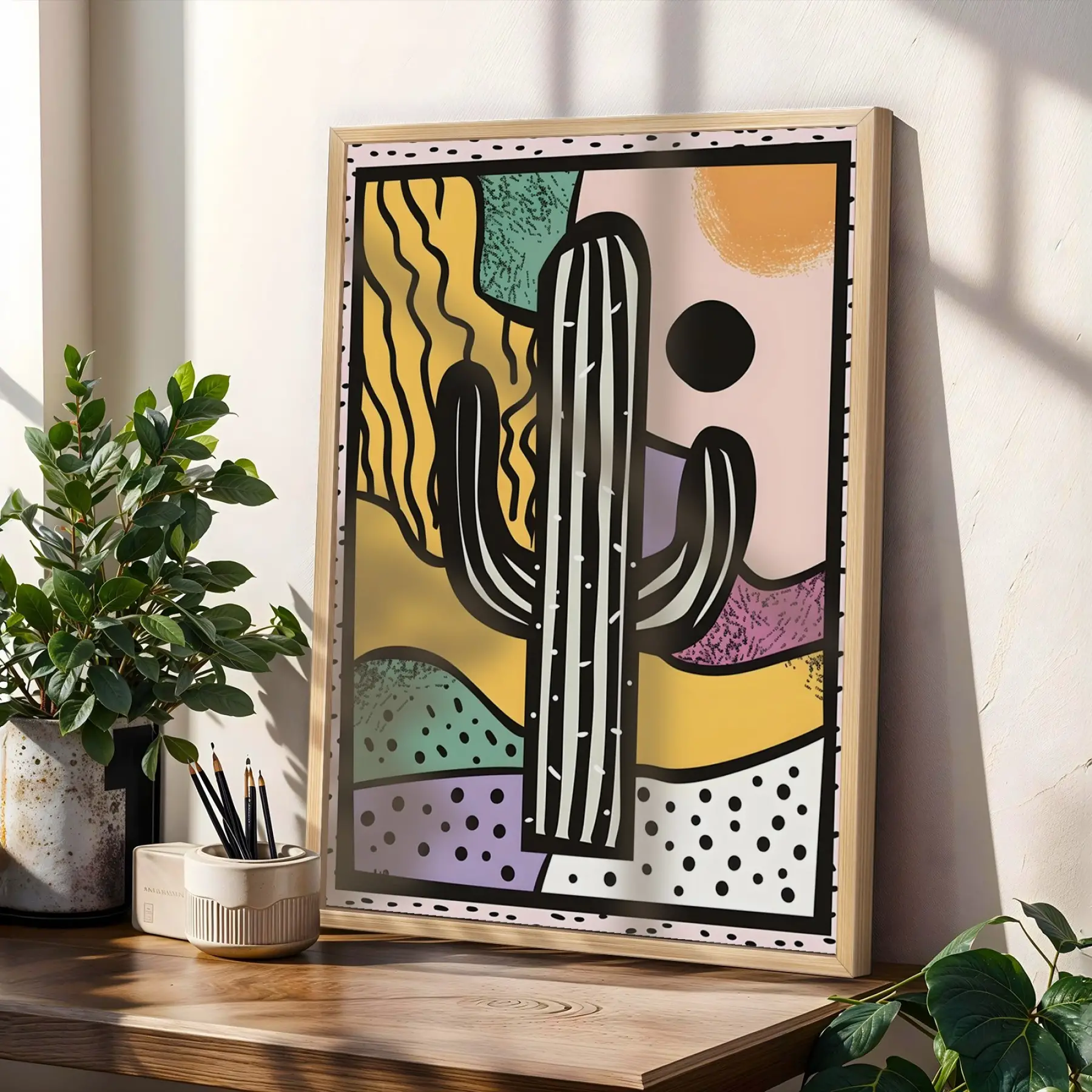 Neşeli Pop Art Üçlüsü Doğal Ahşap Çerçeveli 3lü Tablo Seti