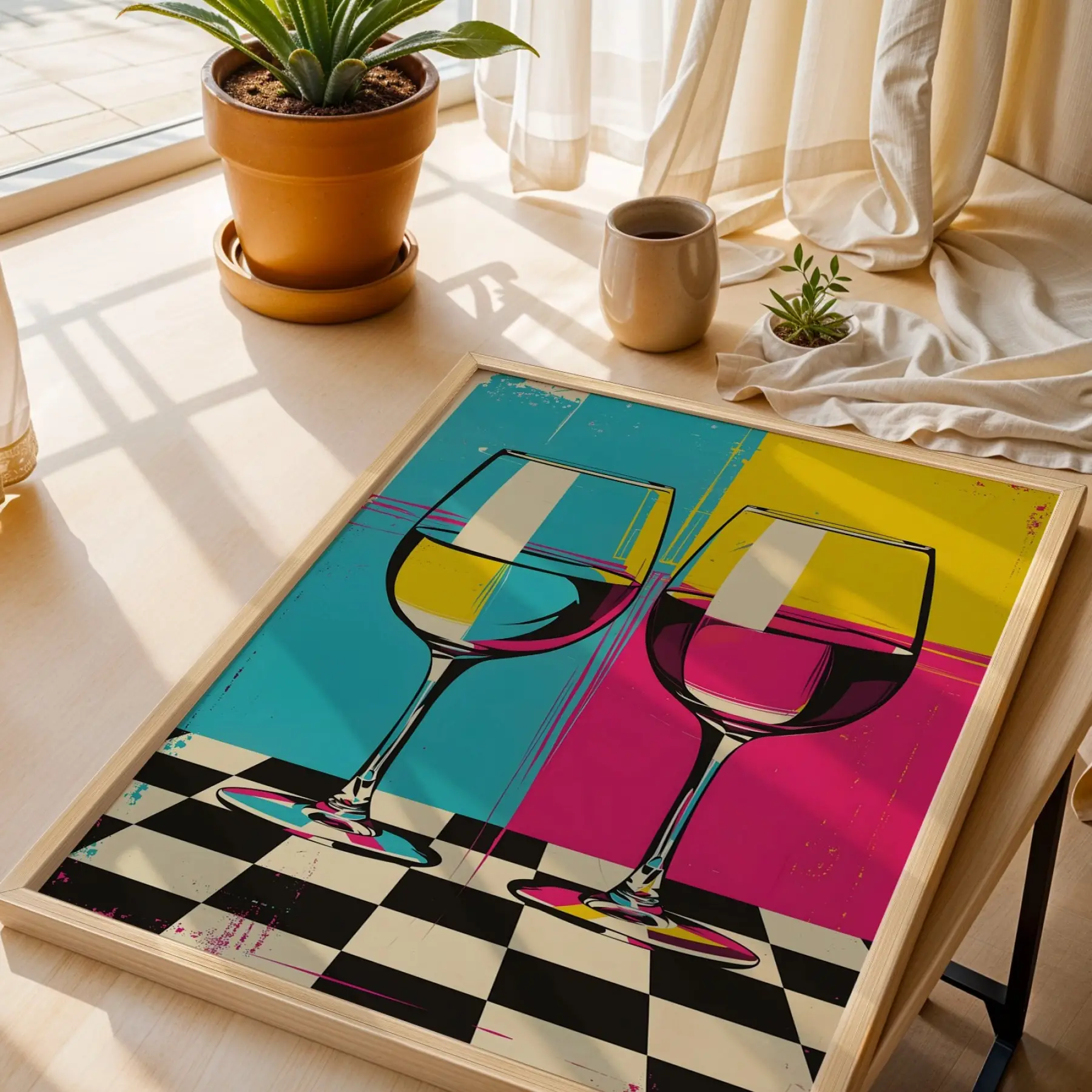Neşeli Pop Art Üçlüsü Doğal Ahşap Çerçeveli 3lü Tablo Seti