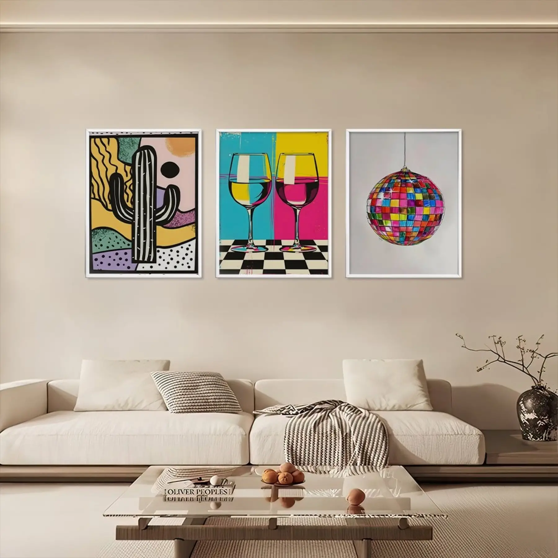 Neşeli Pop Art Üçlüsü Beyaz Çerçeveli 3lü Ahşap Tablo Seti