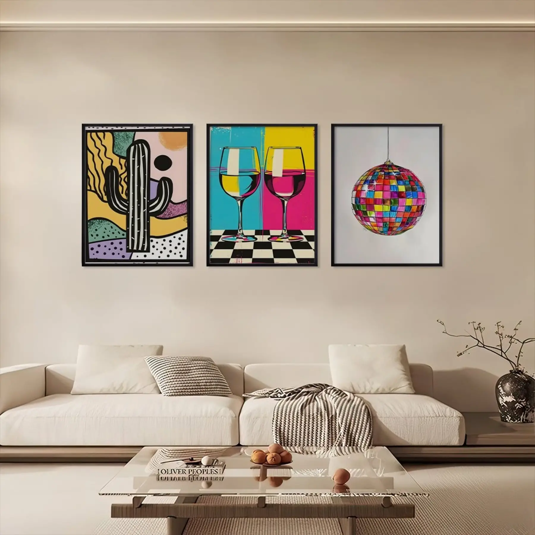 Neşeli Pop Art Üçlüsü Siyah Çerçeveli 3lü Ahşap Tablo Seti