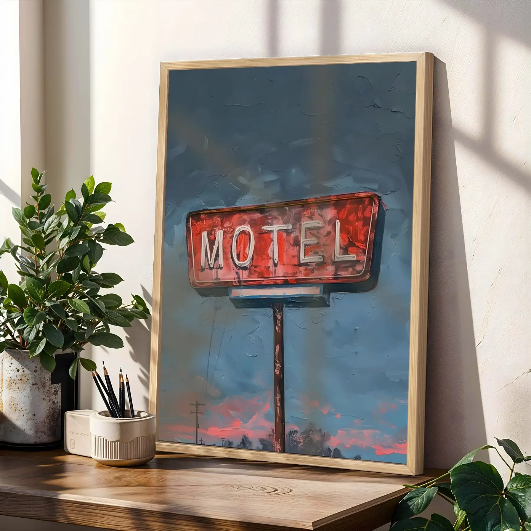 Retro Dağlar Pencere Manzarası Doğal Ahşap Çerçeveli 3lü Tablo Seti