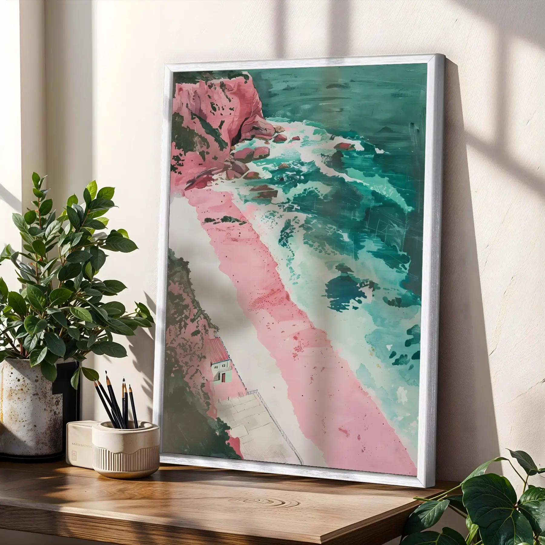 Neşeli Flamingo Çöl Manzaraları Beyaz Çerçeveli 3lü Ahşap Tablo Seti