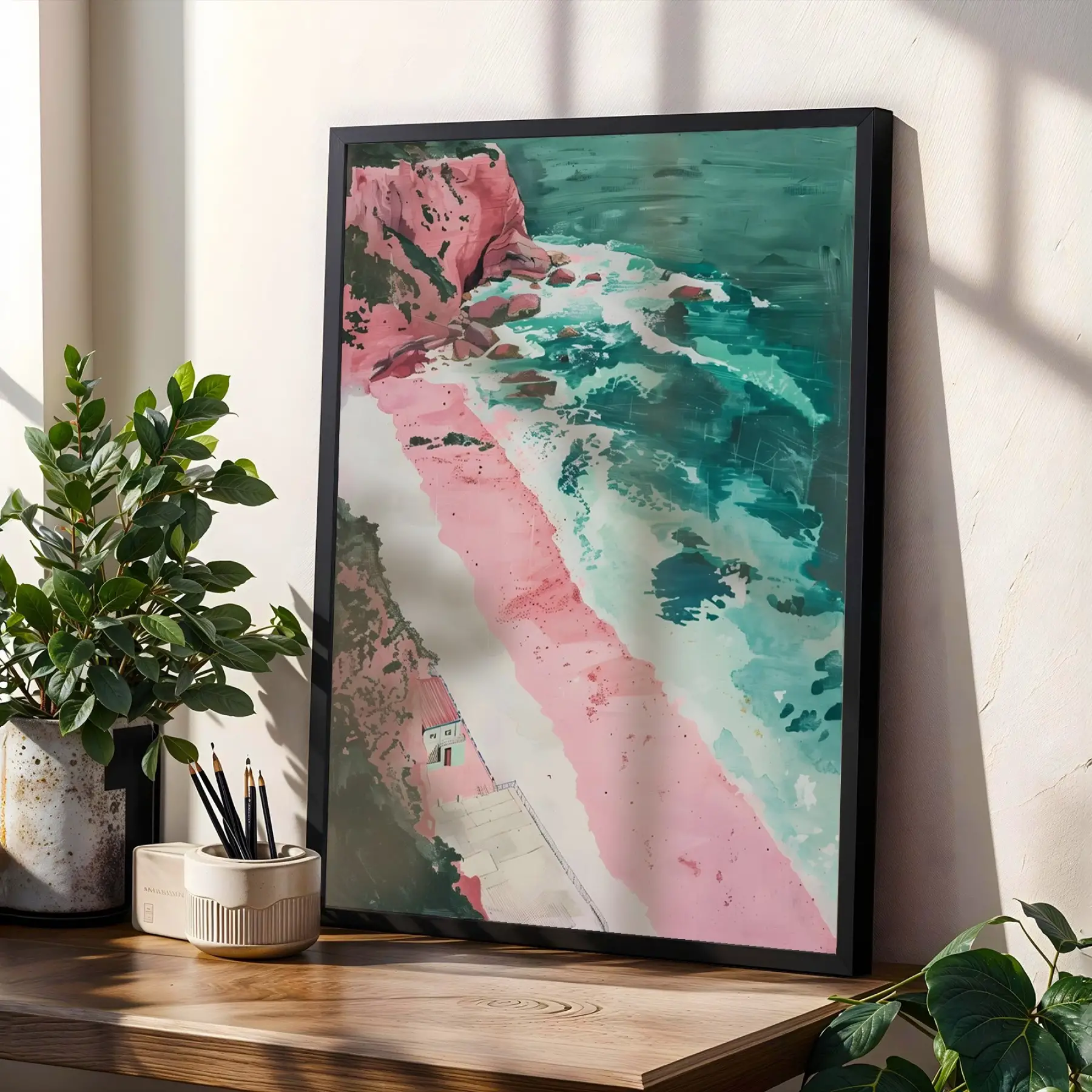 Neşeli Flamingo Çöl Manzaraları Siyah Çerçeveli 3lü Ahşap Tablo Seti