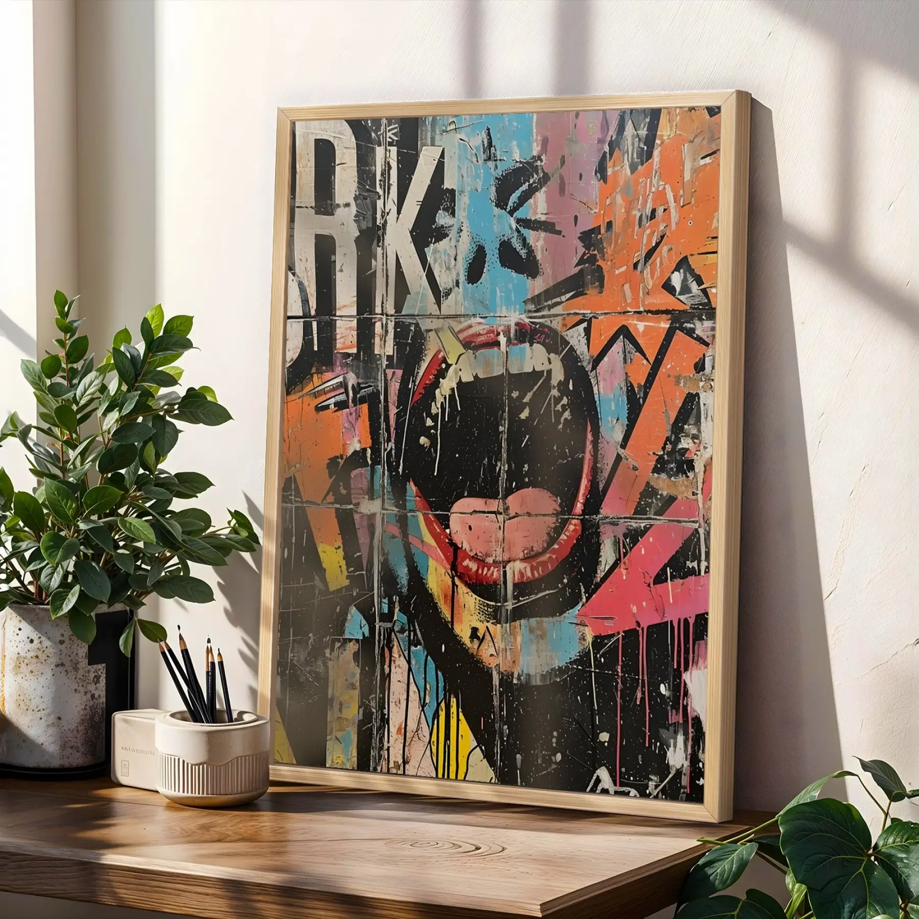 Canlı Pop Art Graffiti Seti Doğal Ahşap Çerçeveli 3lü Tablo Seti