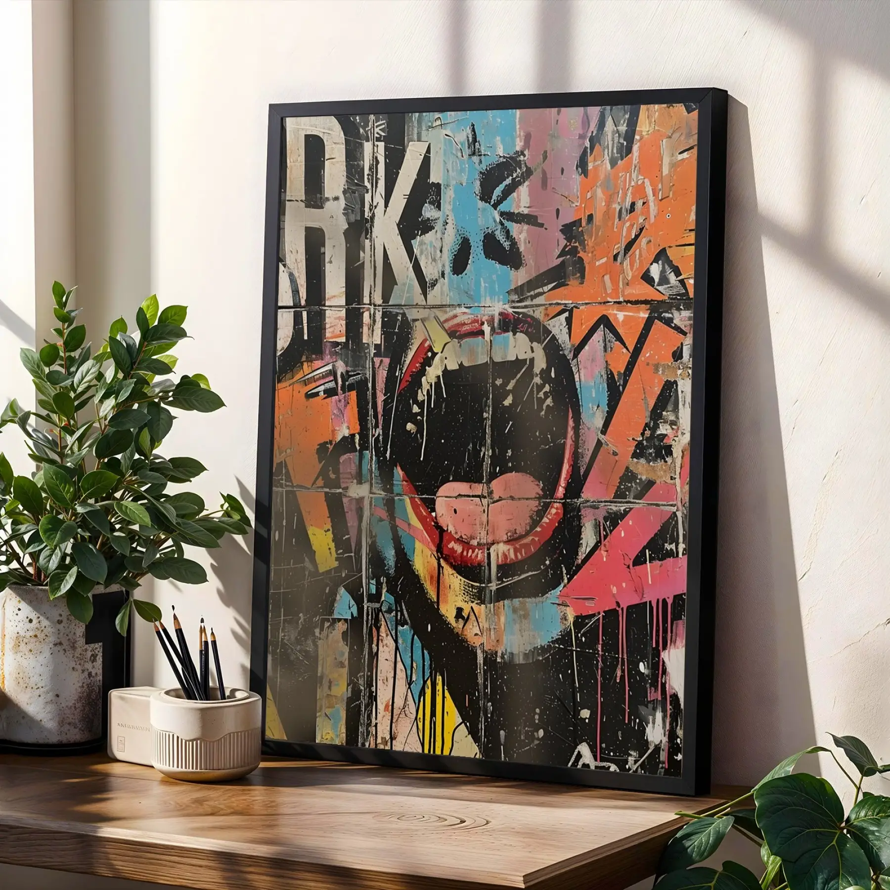 Canlı Pop Art Graffiti Seti Siyah Çerçeveli 3lü Ahşap Tablo Seti