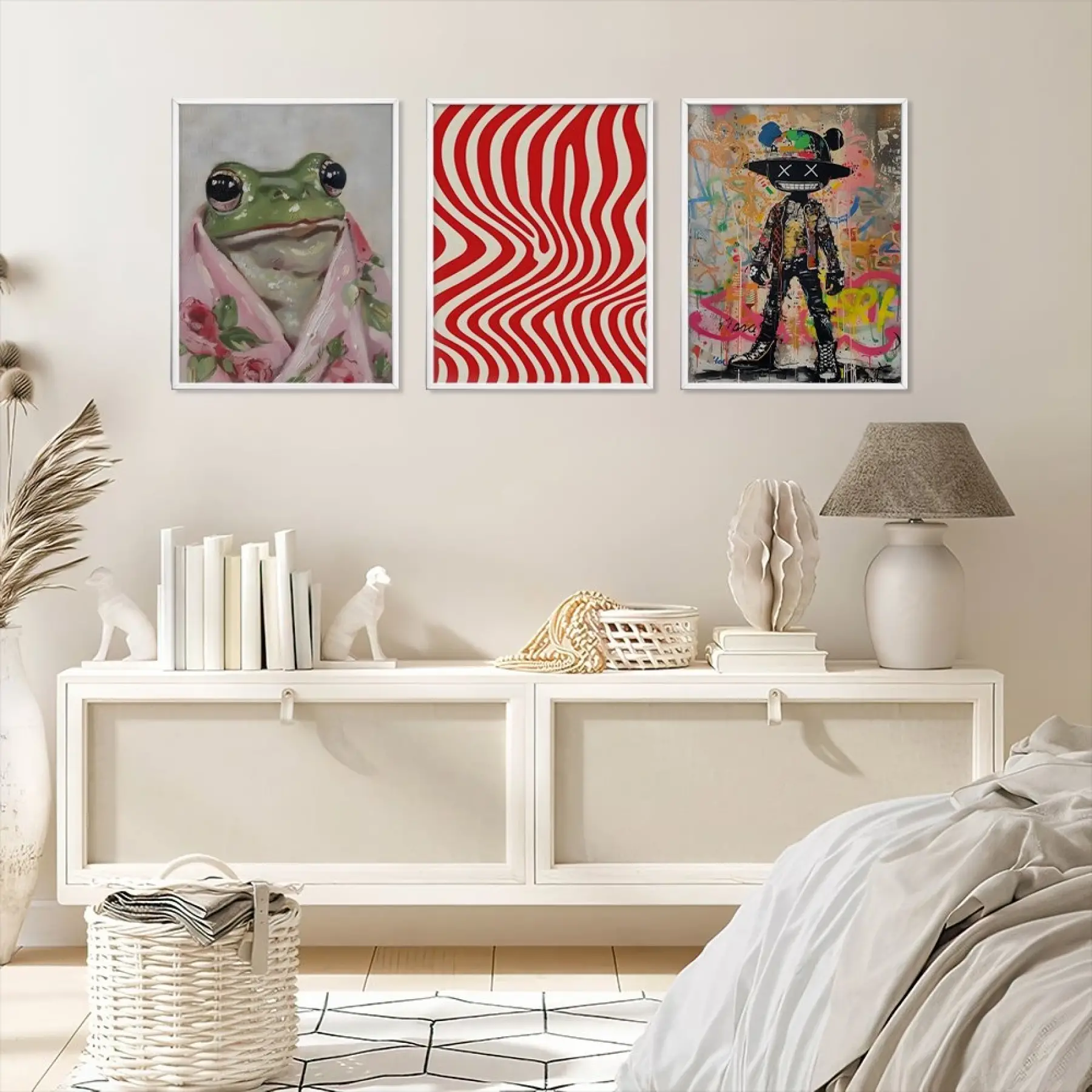 Çarpıcı Eklektik Sanat Üçlüsü Beyaz Çerçeveli 3lü Ahşap Tablo Seti