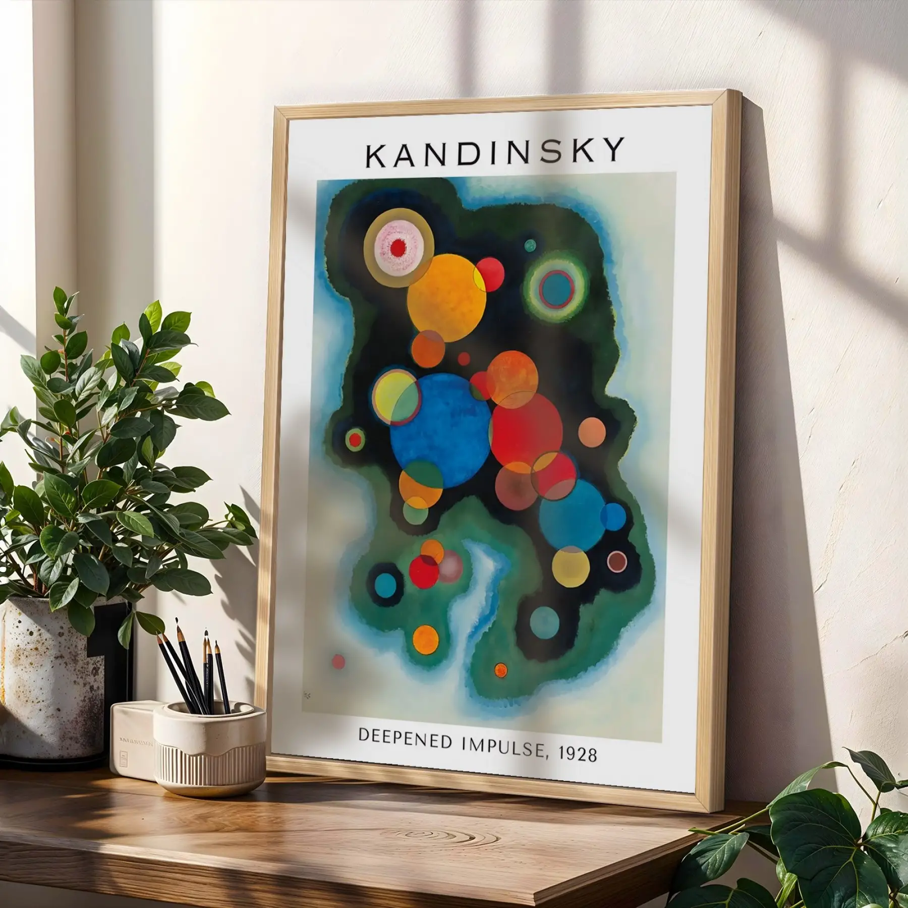 Kandinskyden Dinamik Soyut Formlar Doğal Ahşap Çerçeveli 3lü Tablo Seti