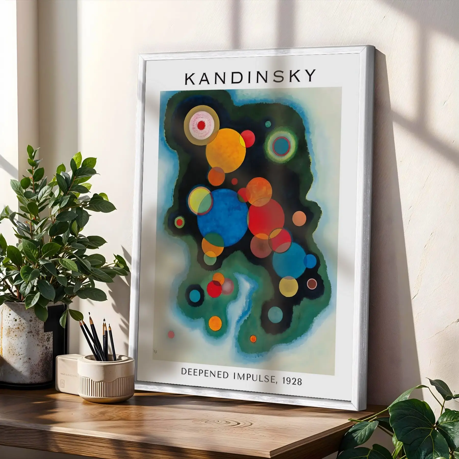 Kandinskyden Dinamik Soyut Formlar Beyaz Çerçeveli 3lü Ahşap Tablo Seti