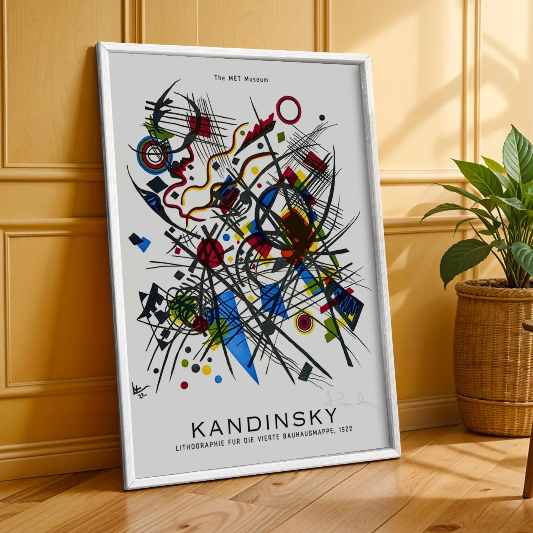 Kandinskyden Dinamik Soyut Formlar Beyaz Çerçeveli 3lü Ahşap Tablo Seti