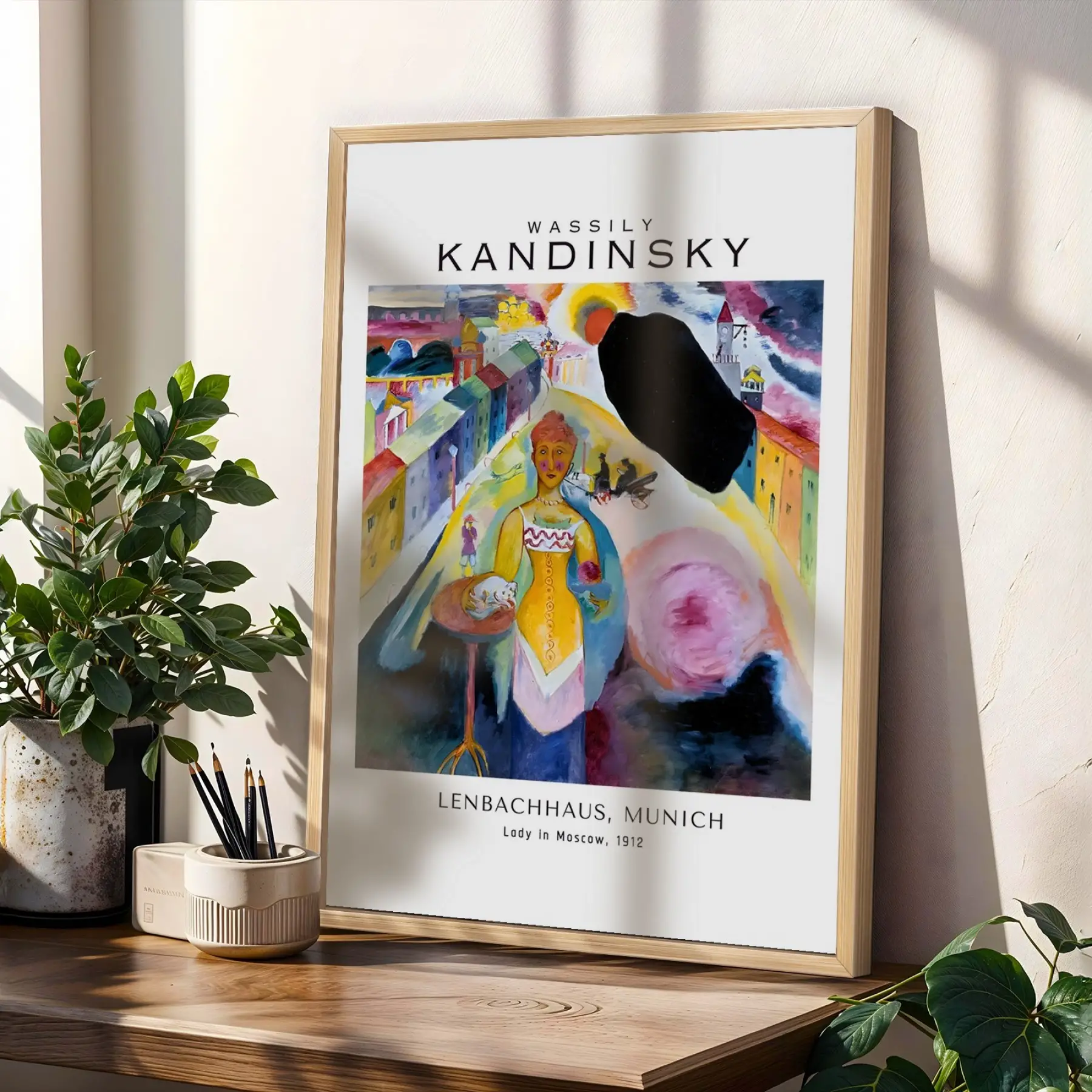 Kandinsky Ekspresif Soyutlamalar Doğal Ahşap Çerçeveli 3lü Tablo Seti