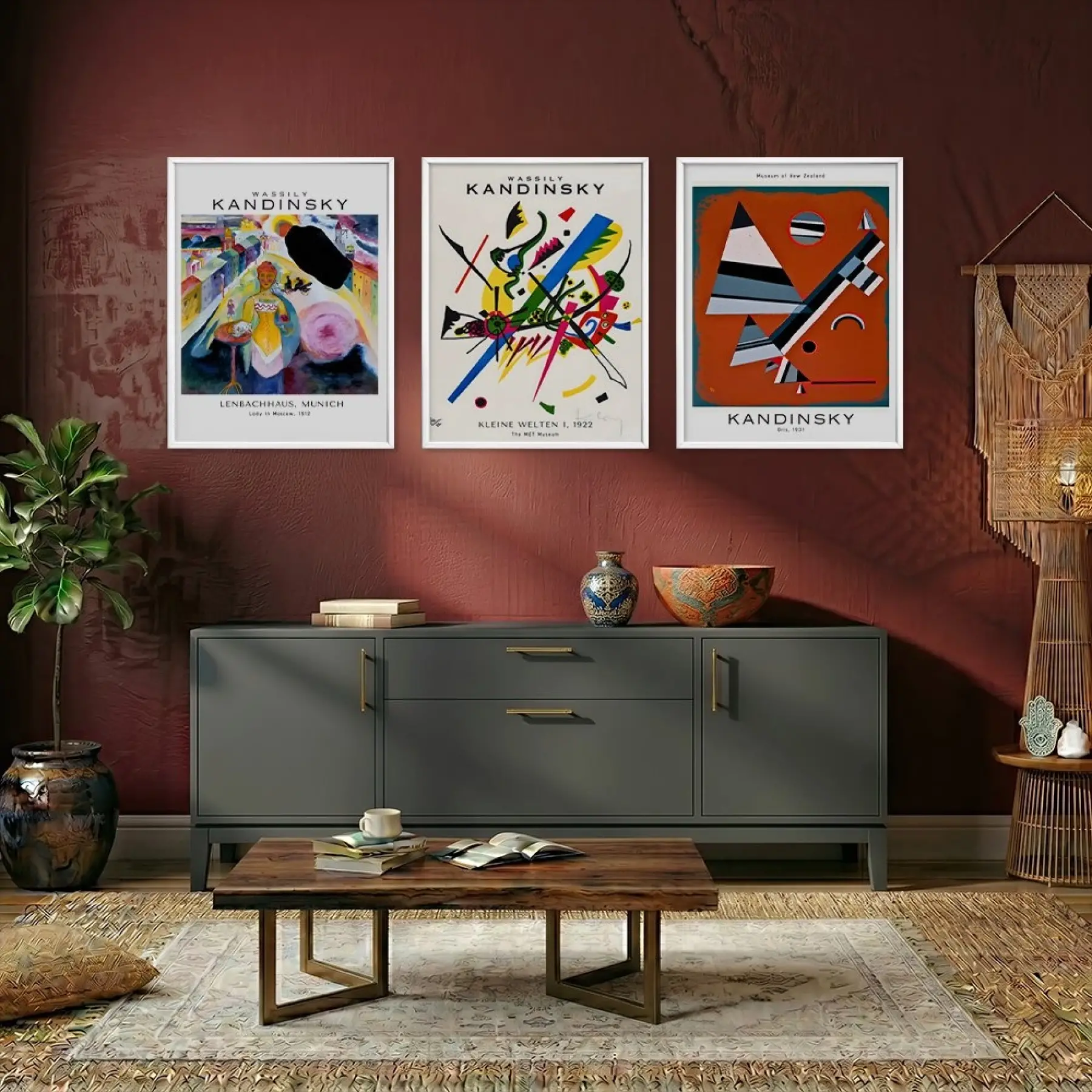 Kandinsky Ekspresif Soyutlamalar Beyaz Çerçeveli 3lü Ahşap Tablo Seti