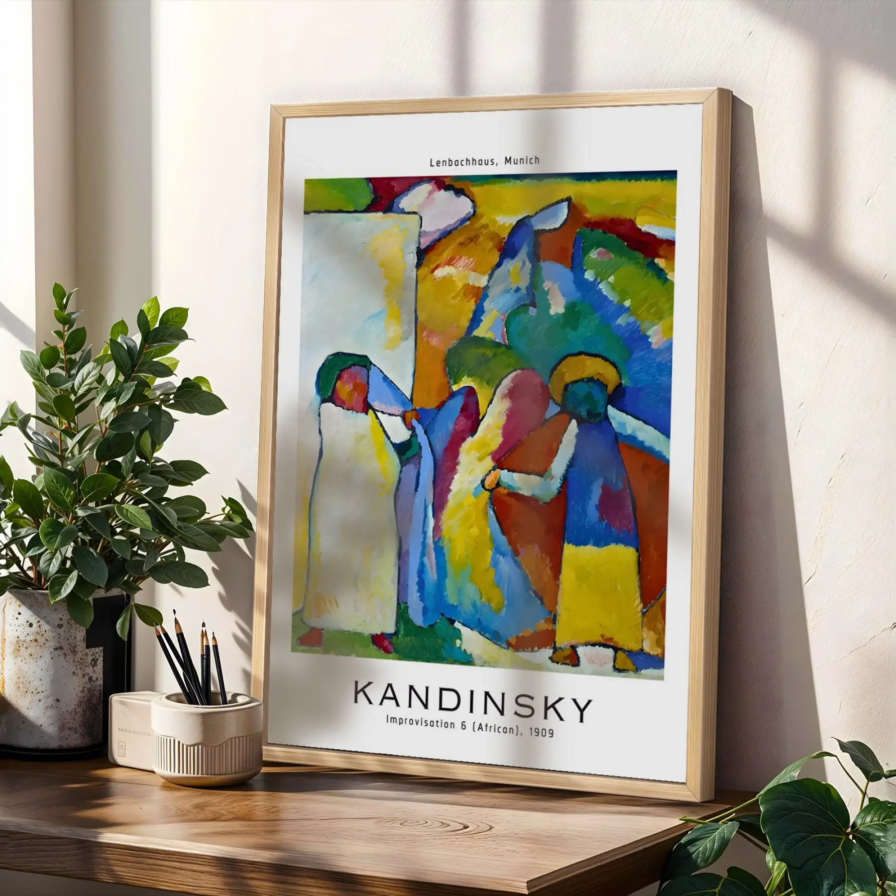 Kandinsky Canlı Soyut Set Doğal Ahşap Çerçeveli 3lü Tablo Seti