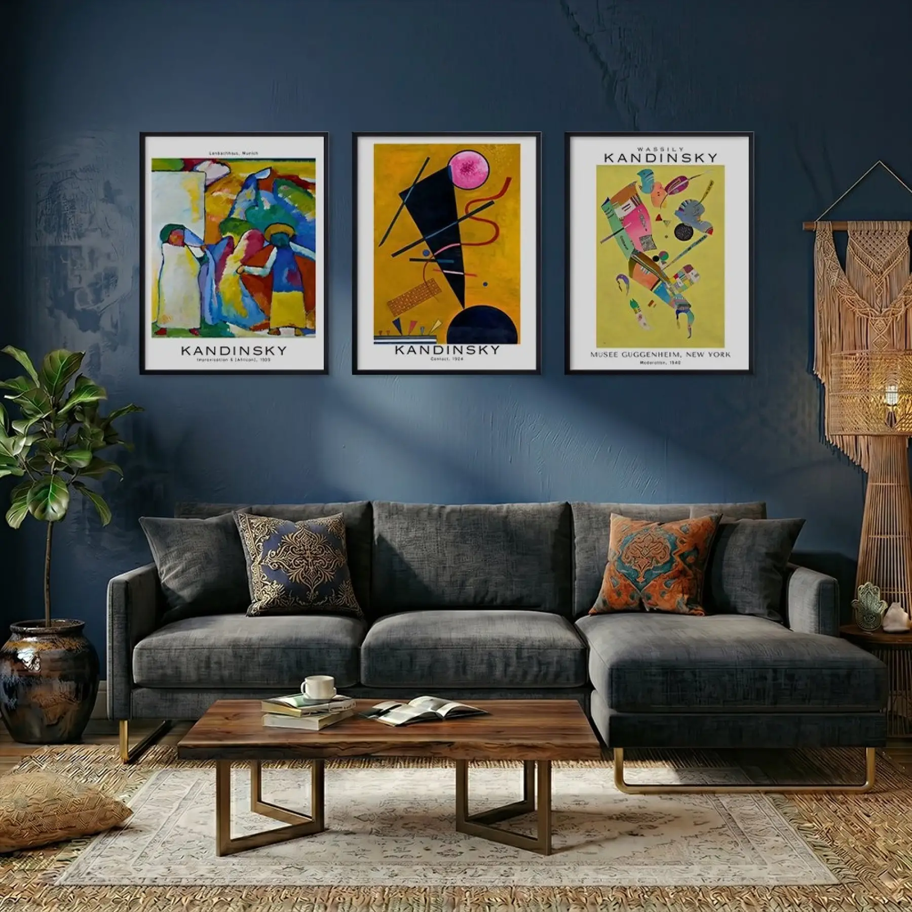 Kandinsky Canlı Soyut Set Siyah Çerçeveli 3lü Ahşap Tablo Seti