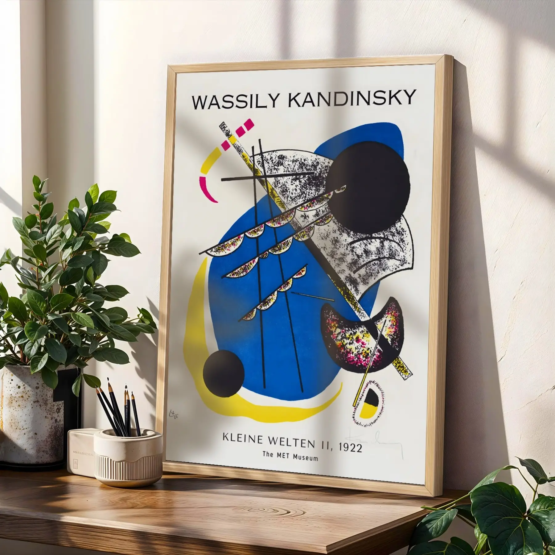Kandinsky Soyut Renk Oyunları Doğal Ahşap Çerçeveli 3lü Tablo Seti