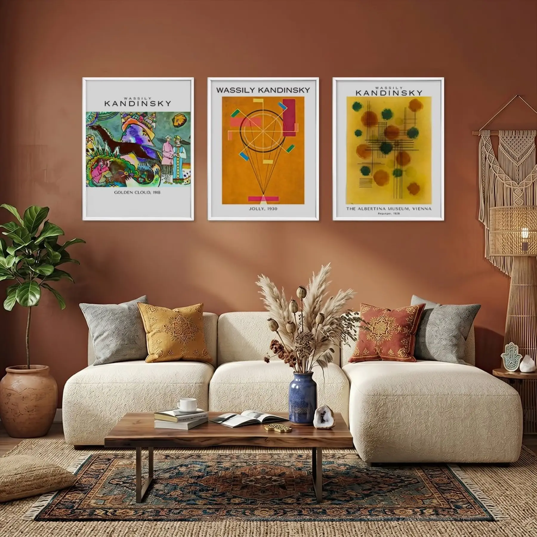 Kandinsky Rengarenk Soyut Üçlü Set Beyaz Çerçeveli 3lü Ahşap Tablo Seti