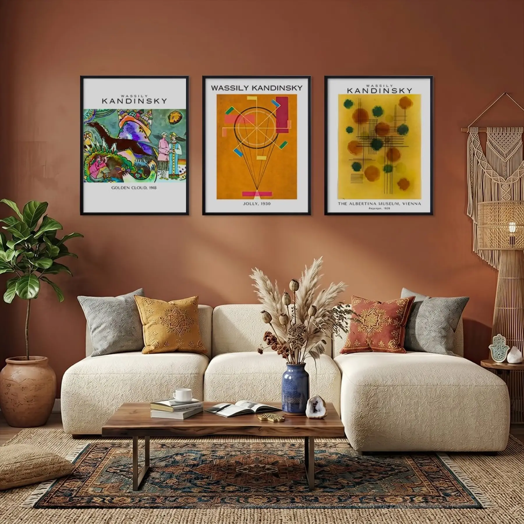 Kandinsky Rengarenk Soyut Üçlü Set Siyah Çerçeveli 3lü Ahşap Tablo Seti