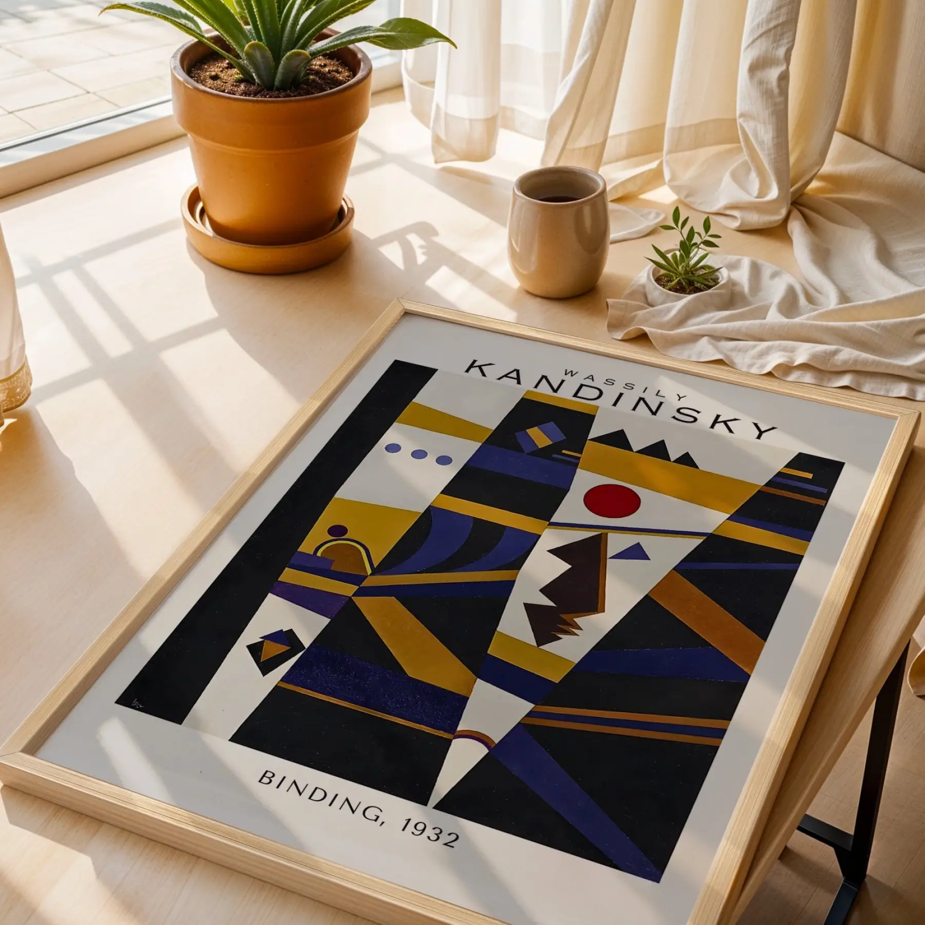 Kandinsky Soyut Geometrik Set Doğal Ahşap Çerçeveli 3lü Tablo Seti
