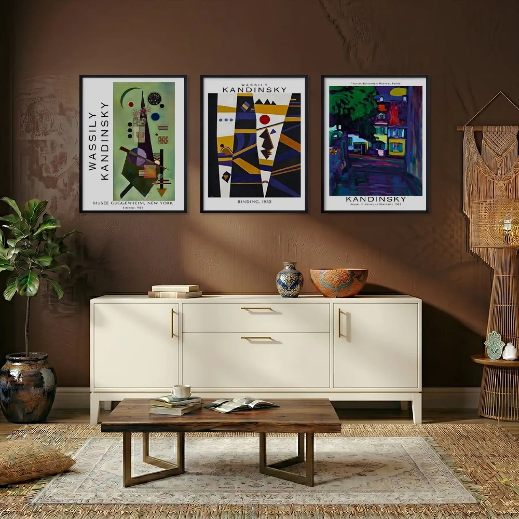 Kandinsky Soyut Geometrik Set Siyah Çerçeveli 3lü Ahşap Tablo Seti