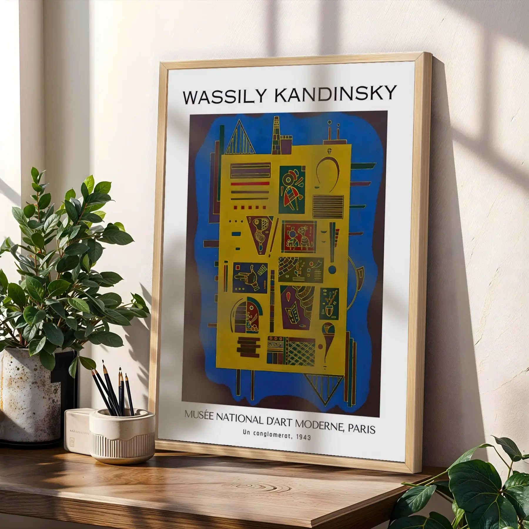 Kandinsky Soyut Sanat Koleksiyonu Doğal Ahşap Çerçeveli 3lü Tablo Seti