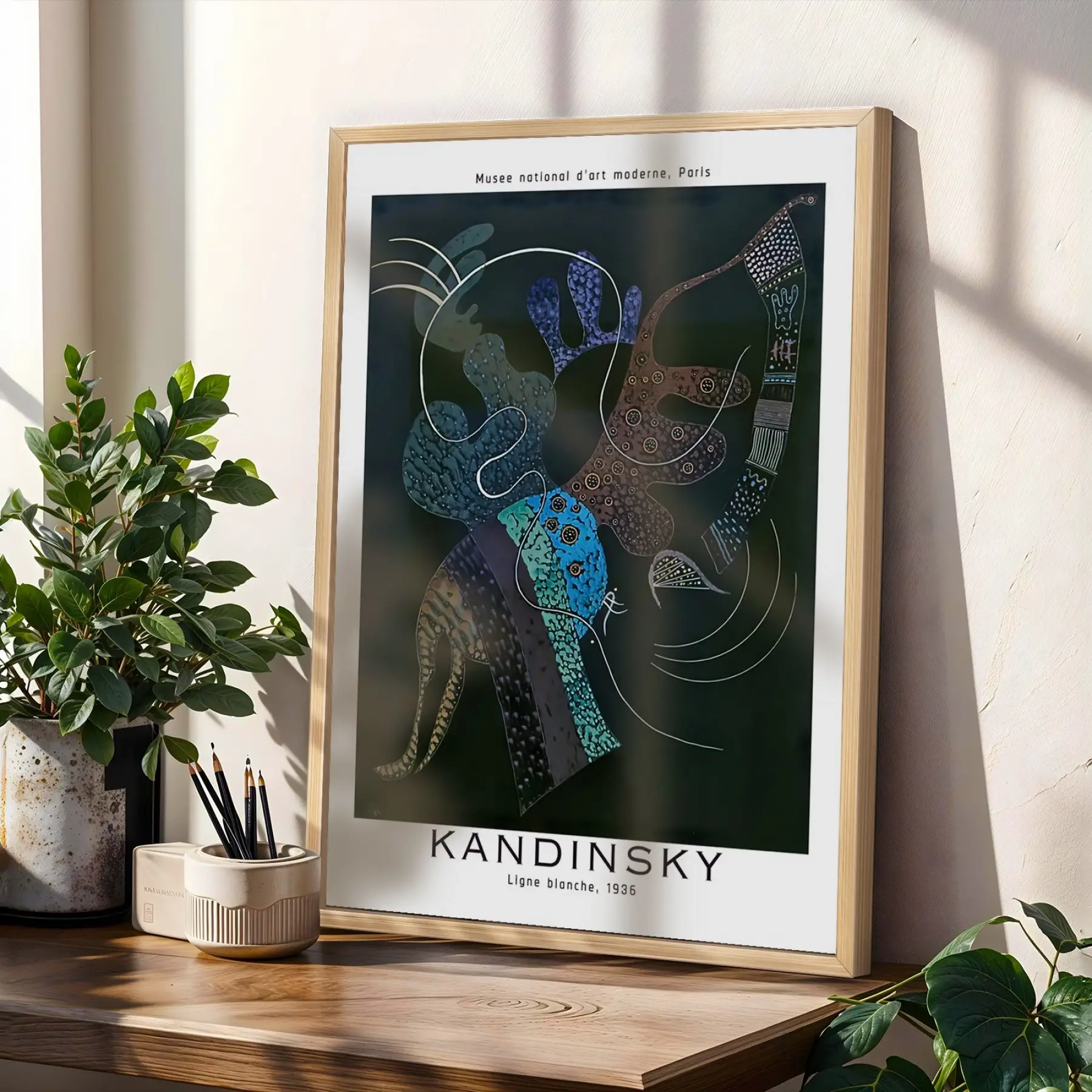 Kandinsky Soyut Renk Kompozisyonları Doğal Ahşap Çerçeveli 3lü Tablo Seti