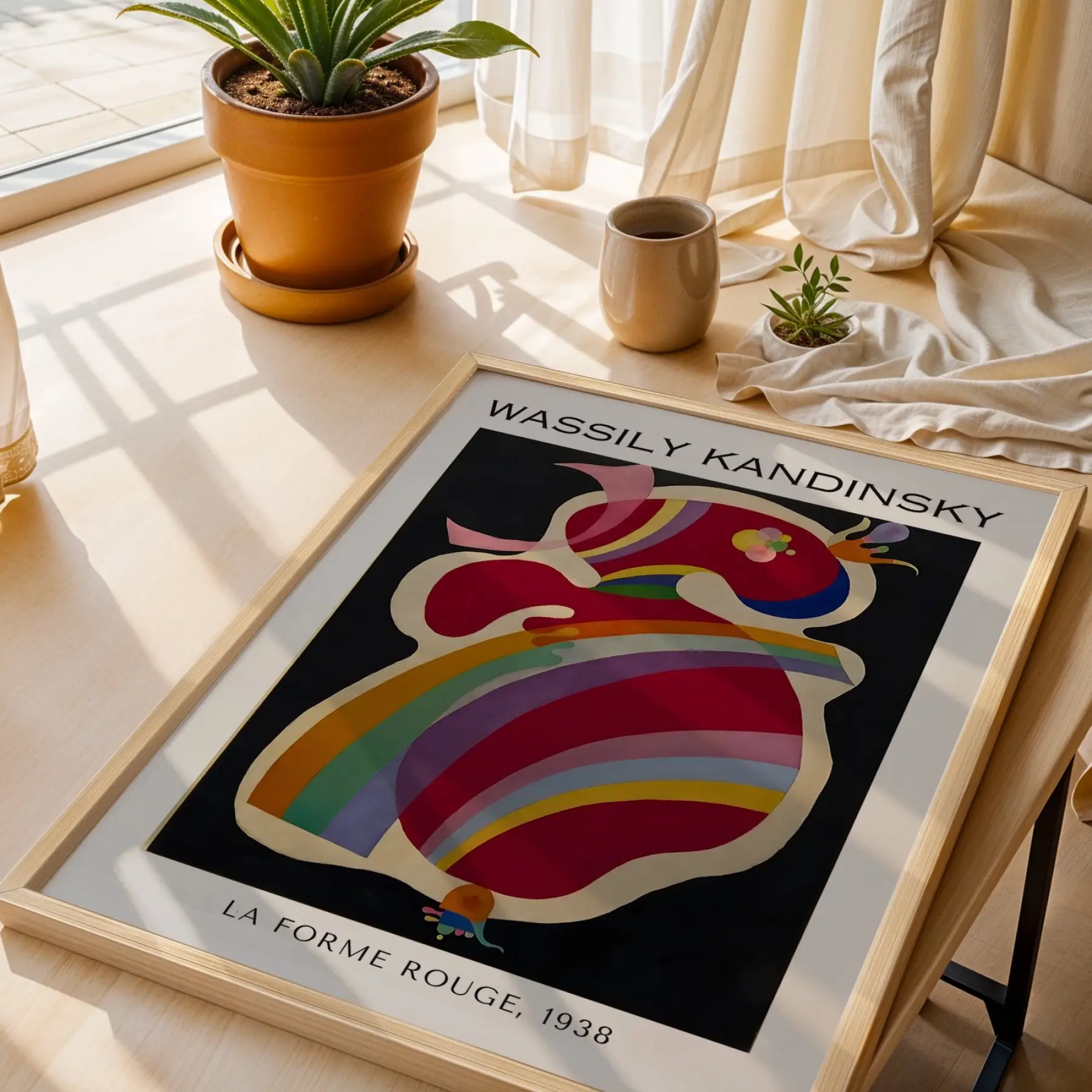 Kandinsky Soyut Renk Kompozisyonları Doğal Ahşap Çerçeveli 3lü Tablo Seti