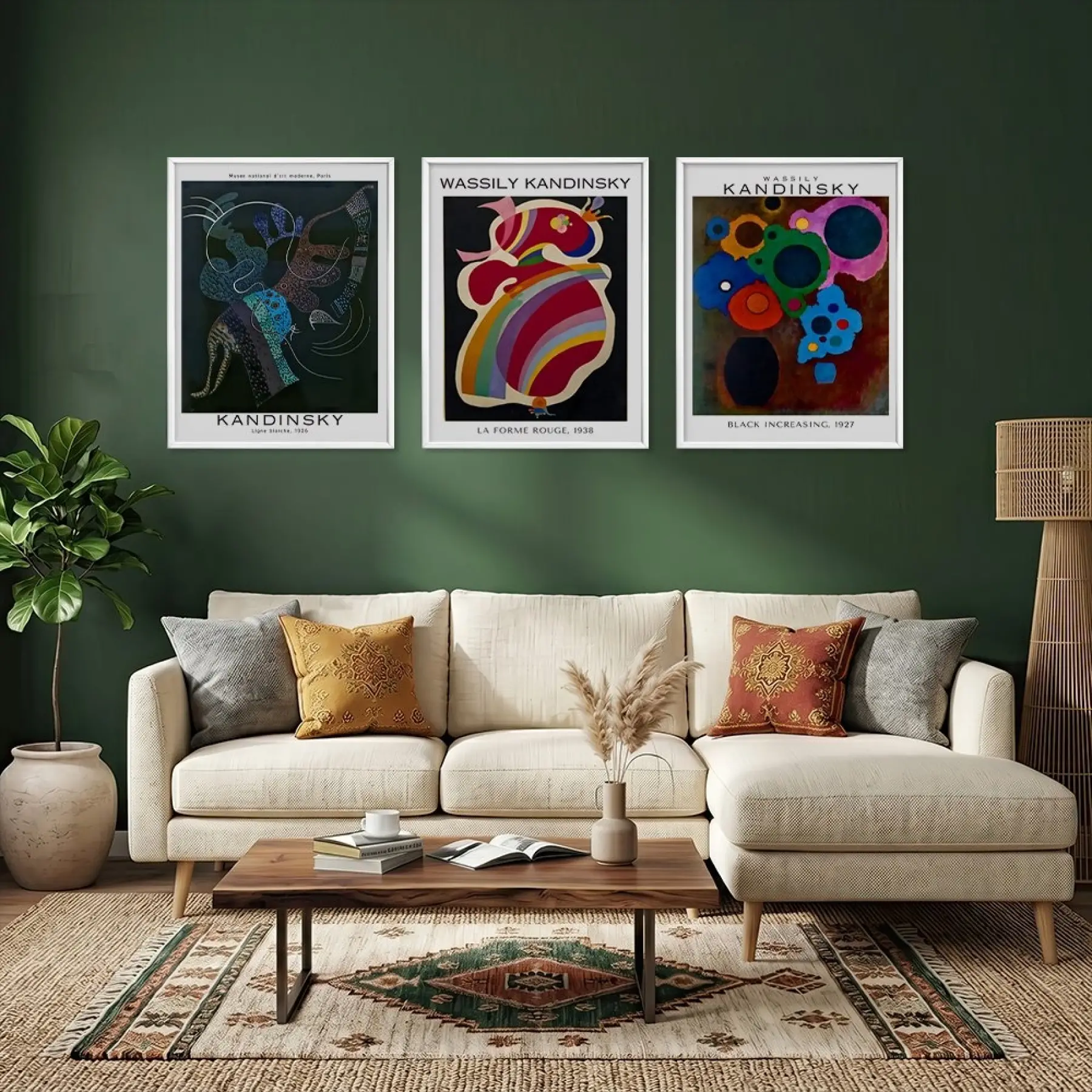 Kandinsky Soyut Renk Kompozisyonları Beyaz Çerçeveli 3lü Ahşap Tablo Seti
