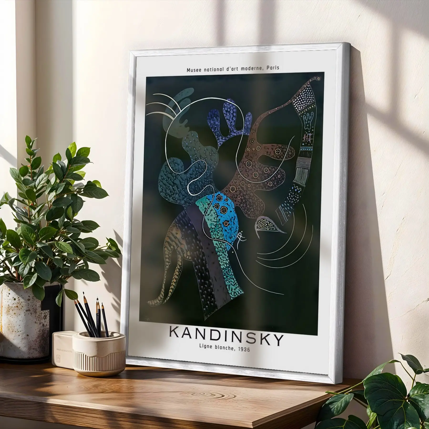 Kandinsky Soyut Renk Kompozisyonları Beyaz Çerçeveli 3lü Ahşap Tablo Seti