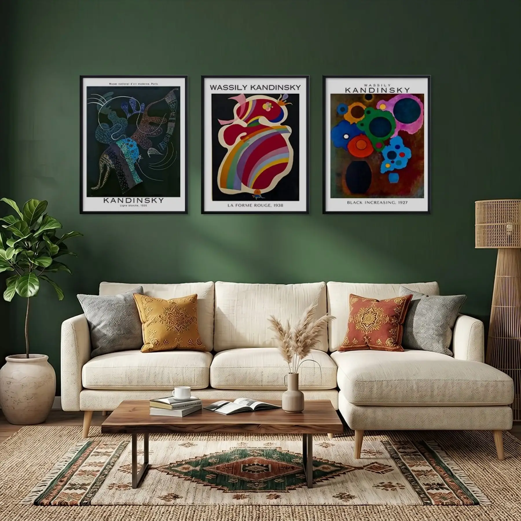 Kandinsky Soyut Renk Kompozisyonları Siyah Çerçeveli 3lü Ahşap Tablo Seti