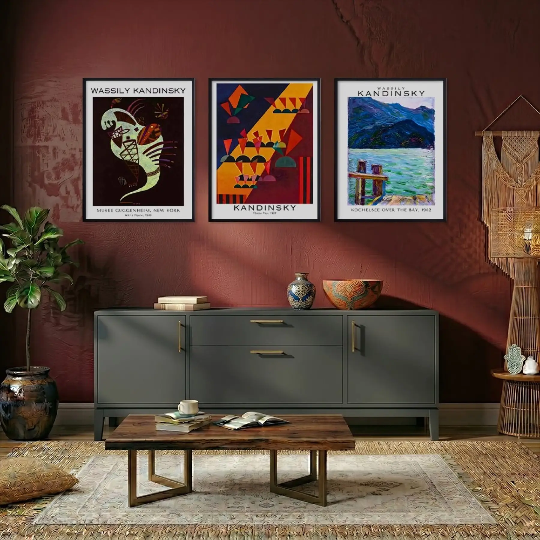 Kandinsky Sanat Seçkisi Siyah Çerçeveli 3lü Ahşap Tablo Seti