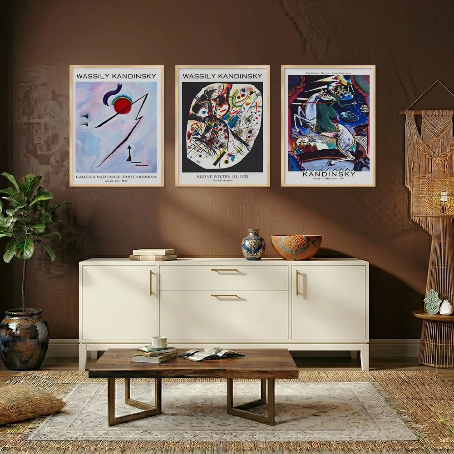 Kandinsky Soyut Dinamik Kompozisyonlar Doğal Ahşap Çerçeveli 3lü Tablo Seti