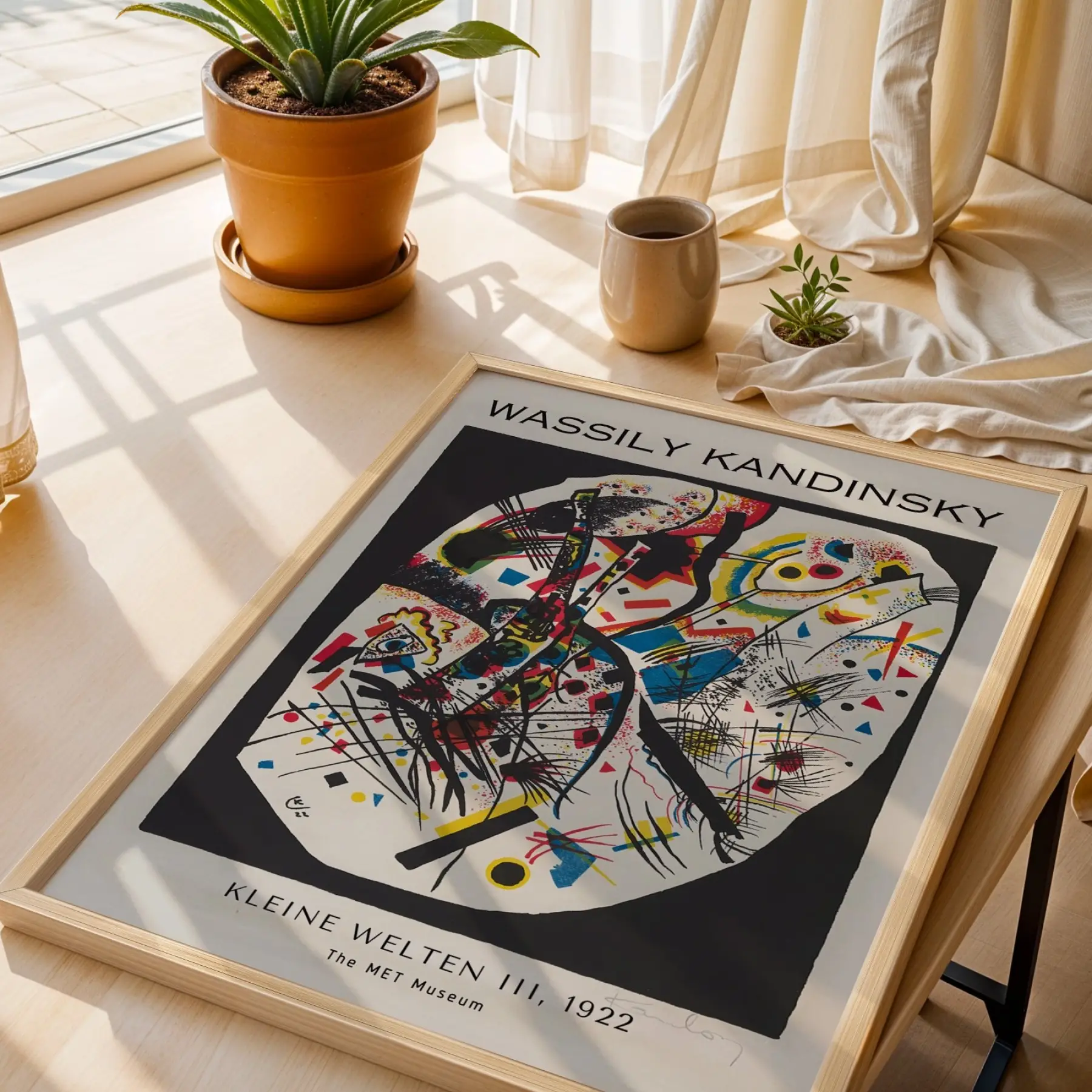 Kandinsky Soyut Dinamik Kompozisyonlar Doğal Ahşap Çerçeveli 3lü Tablo Seti