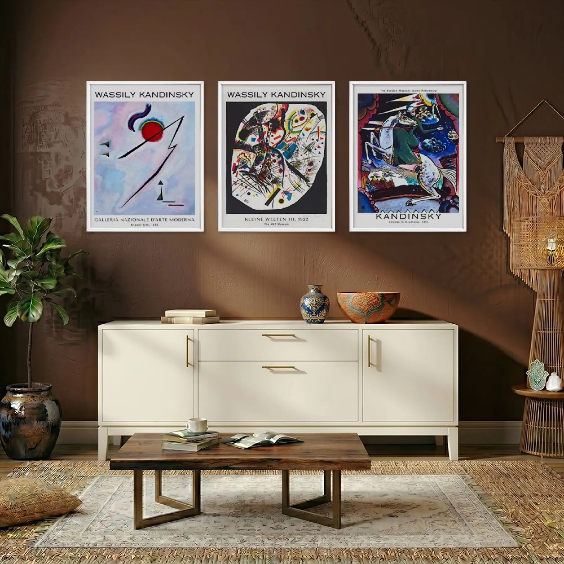 Kandinsky Soyut Dinamik Kompozisyonlar Beyaz Çerçeveli 3lü Ahşap Tablo Seti