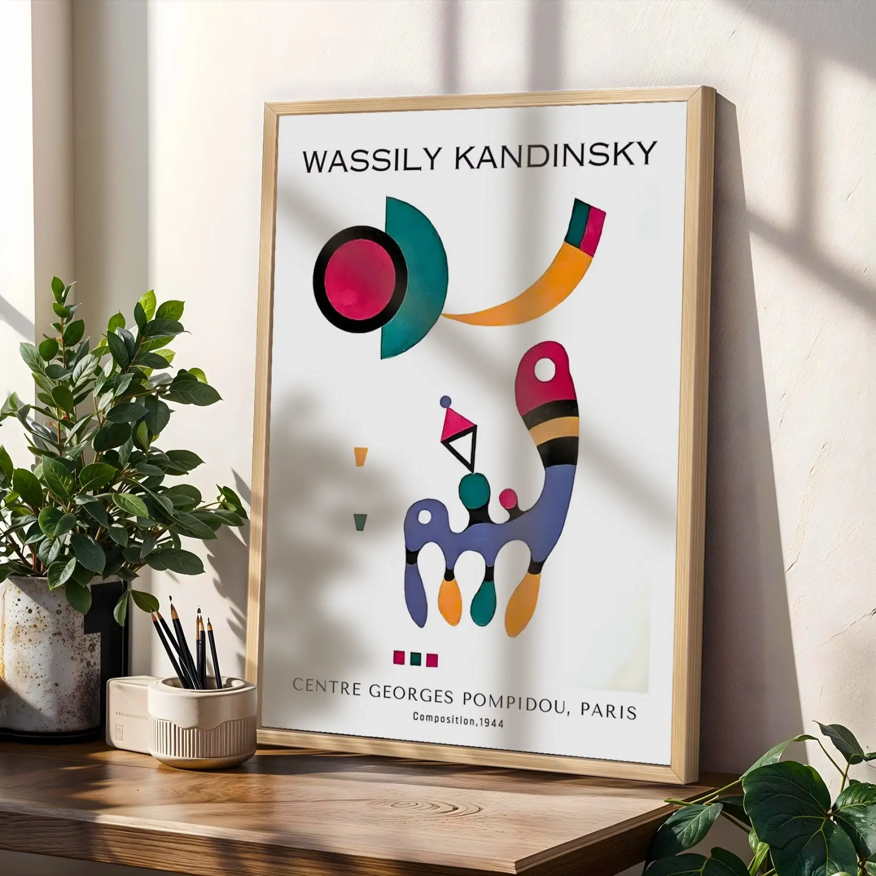 Kandinsky Renkli Soyut Kompozisyonlar Doğal Ahşap Çerçeveli 3lü Tablo Seti