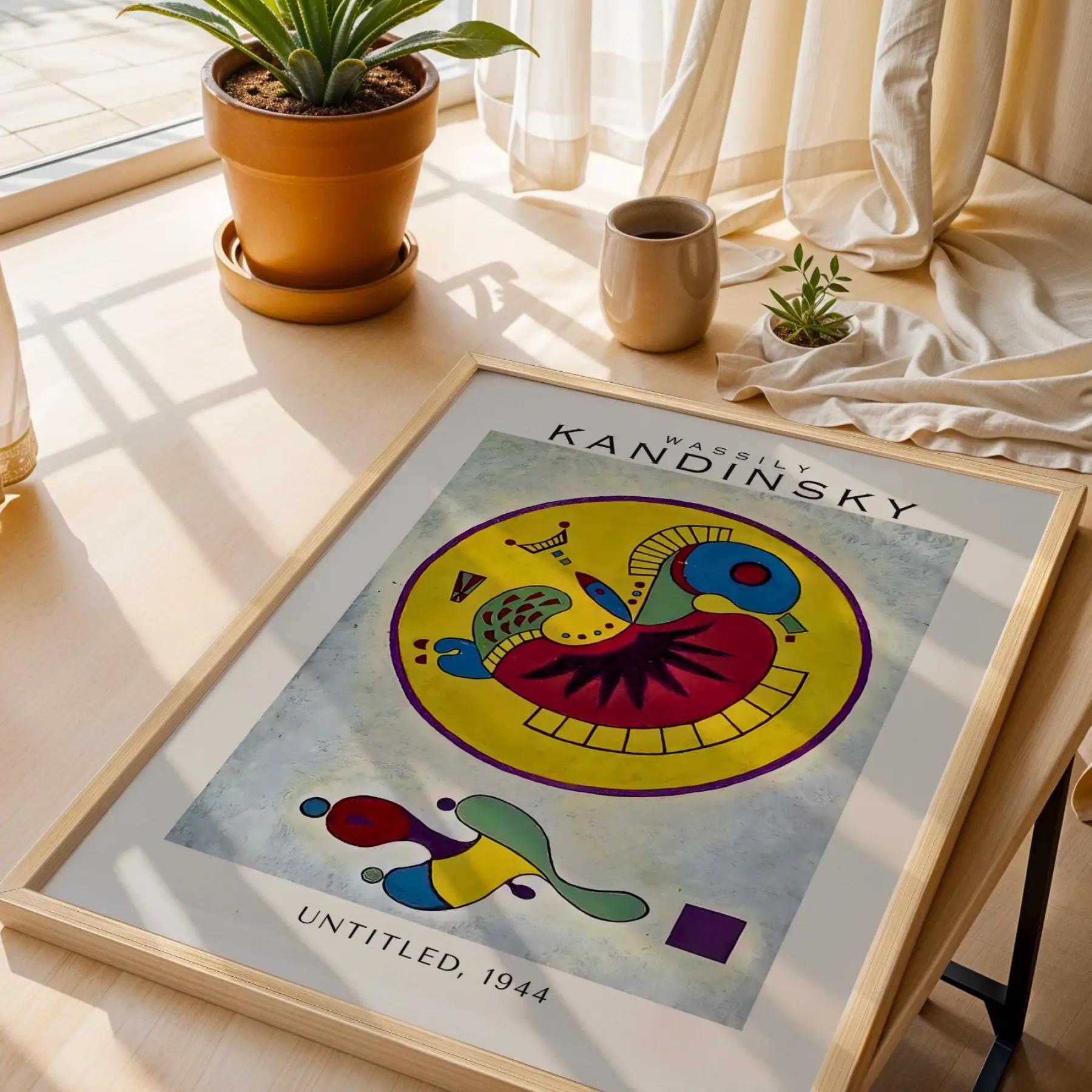 Kandinsky Renkli Soyut Kompozisyonlar Doğal Ahşap Çerçeveli 3lü Tablo Seti